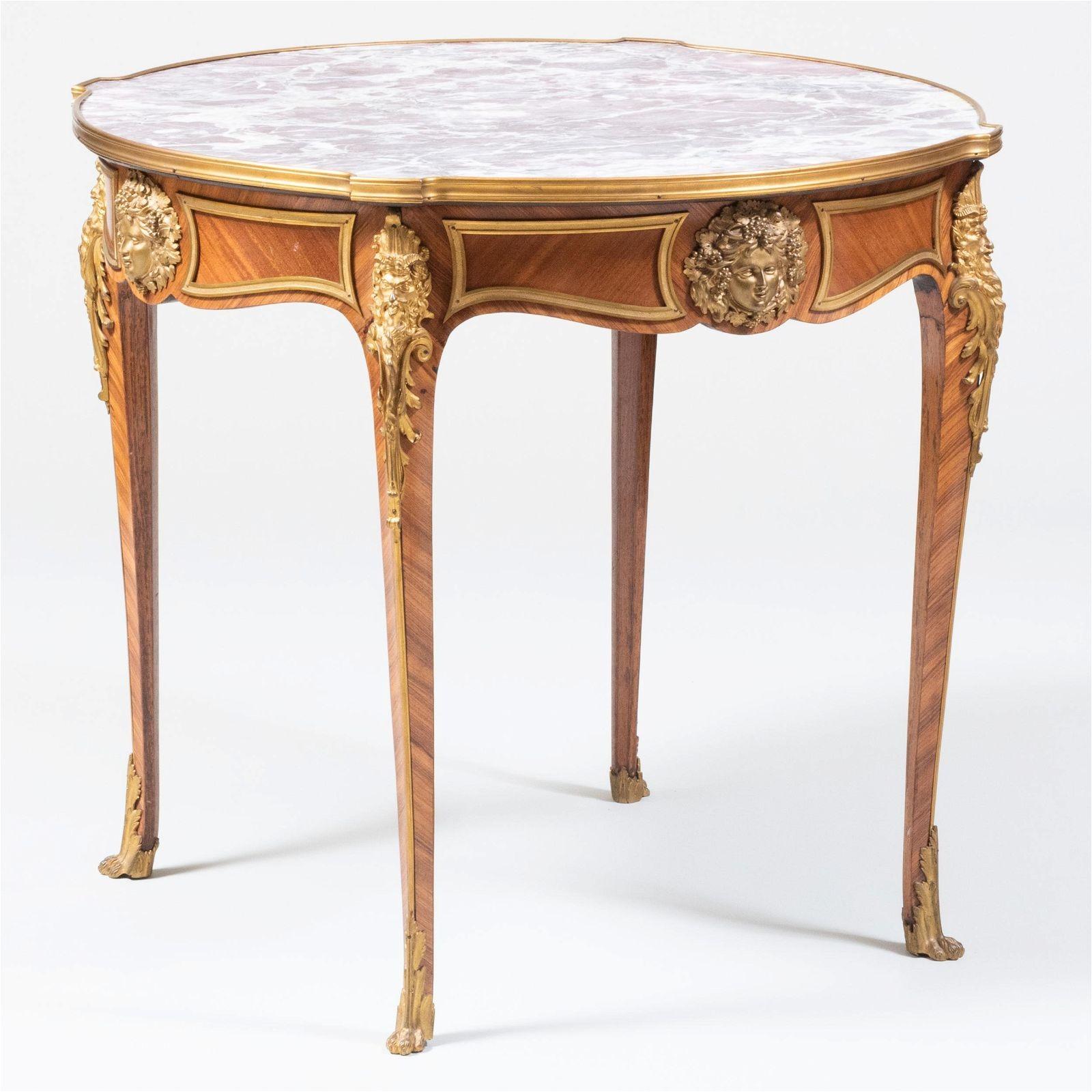 Exceptional 19th century center table in the Louis XV style with parquetry veneer in mahogany and kingwood, gilt bronze mounts including Bacchanal masks on four sides, and variegated marble top in light violet and white.
