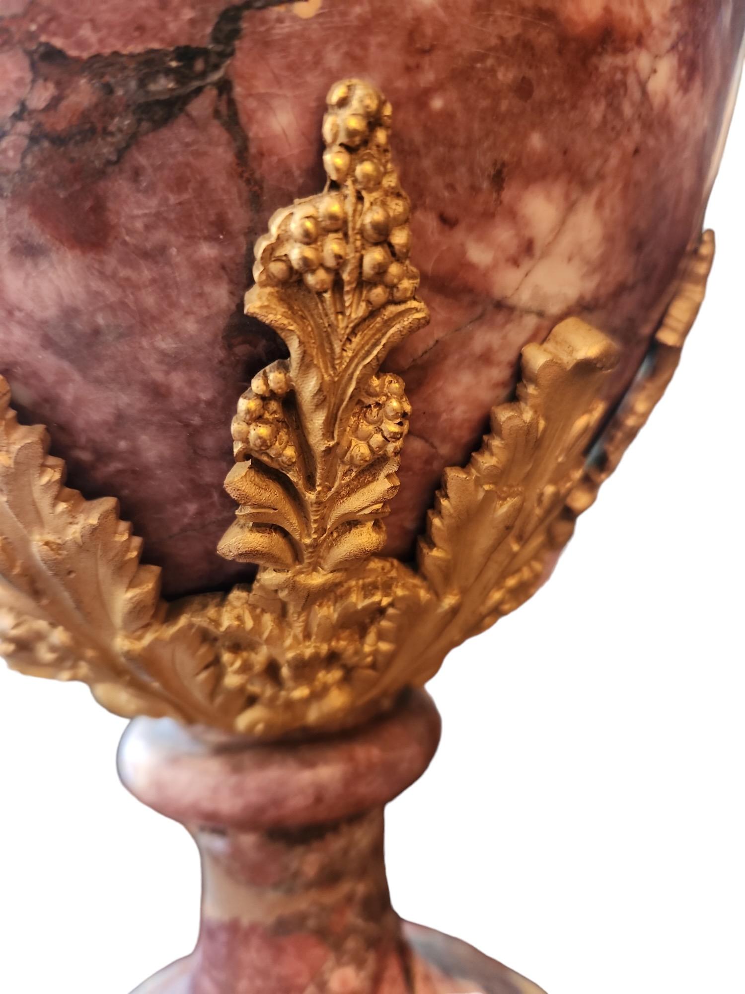 Hand-Crafted 19th Century French Bronze-Mounted Marble Urns For Sale