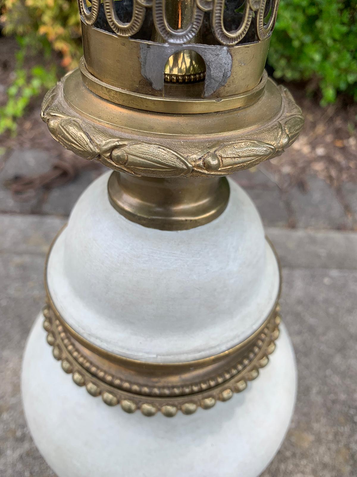 Hand-Painted 19th Century French Bronze Mounted Porcelain Lamp, Custom Light Celadon Finish