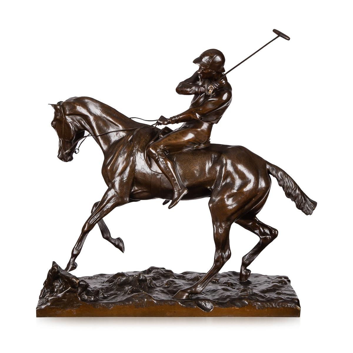 Antique 19th Century French bronze of of a polo player signed J Cuvelier and cast and inscribed to base by H Lippens & CIE. Cuvelier began exhibiting at the Paris Salon in 1867, and exhibited this model of a polo player there as well other bronzes.
