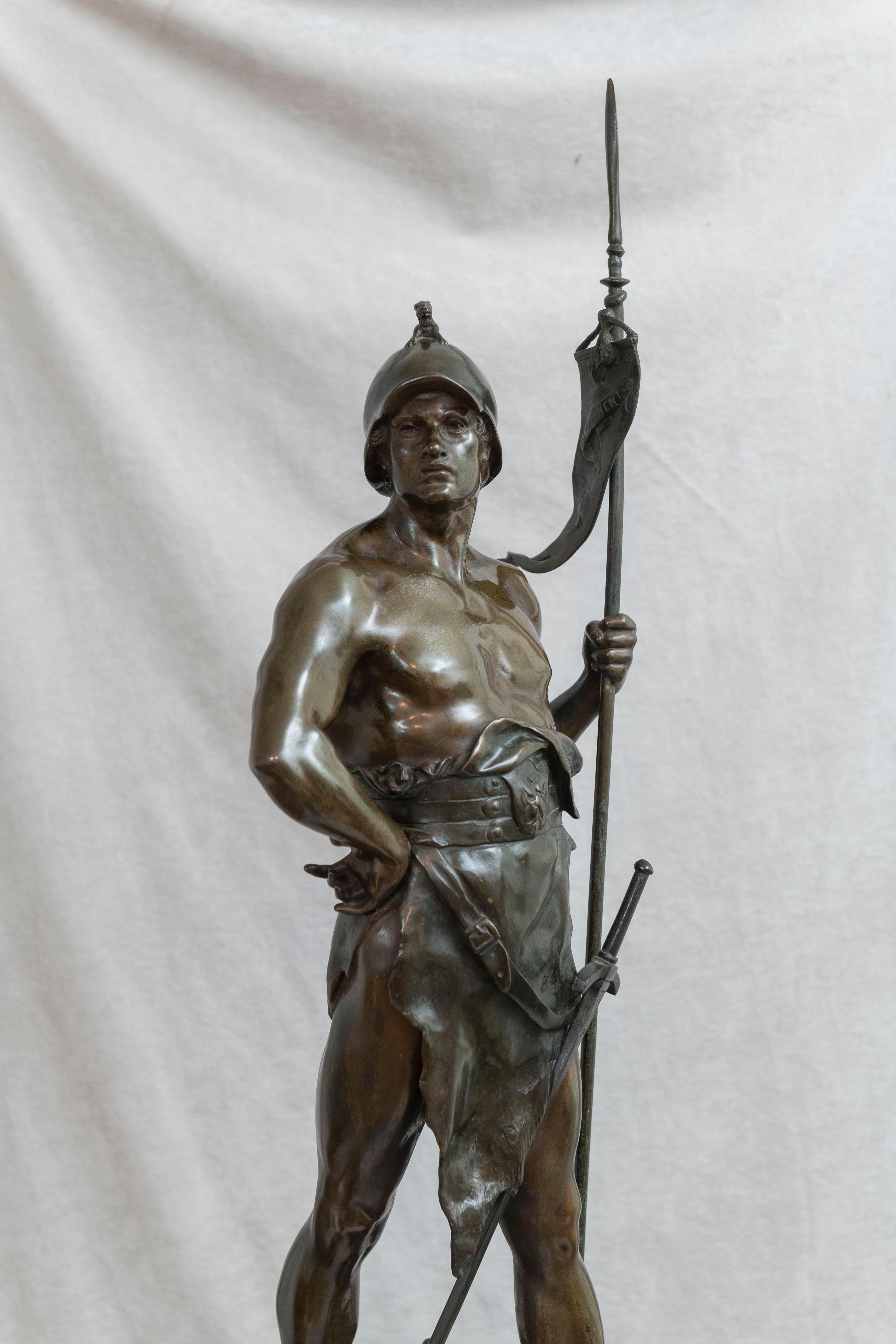This impressive masculine warrior is signed by the well regarded, and prolific artist, Emile Picault (1833-1915). It also bears the plaque 