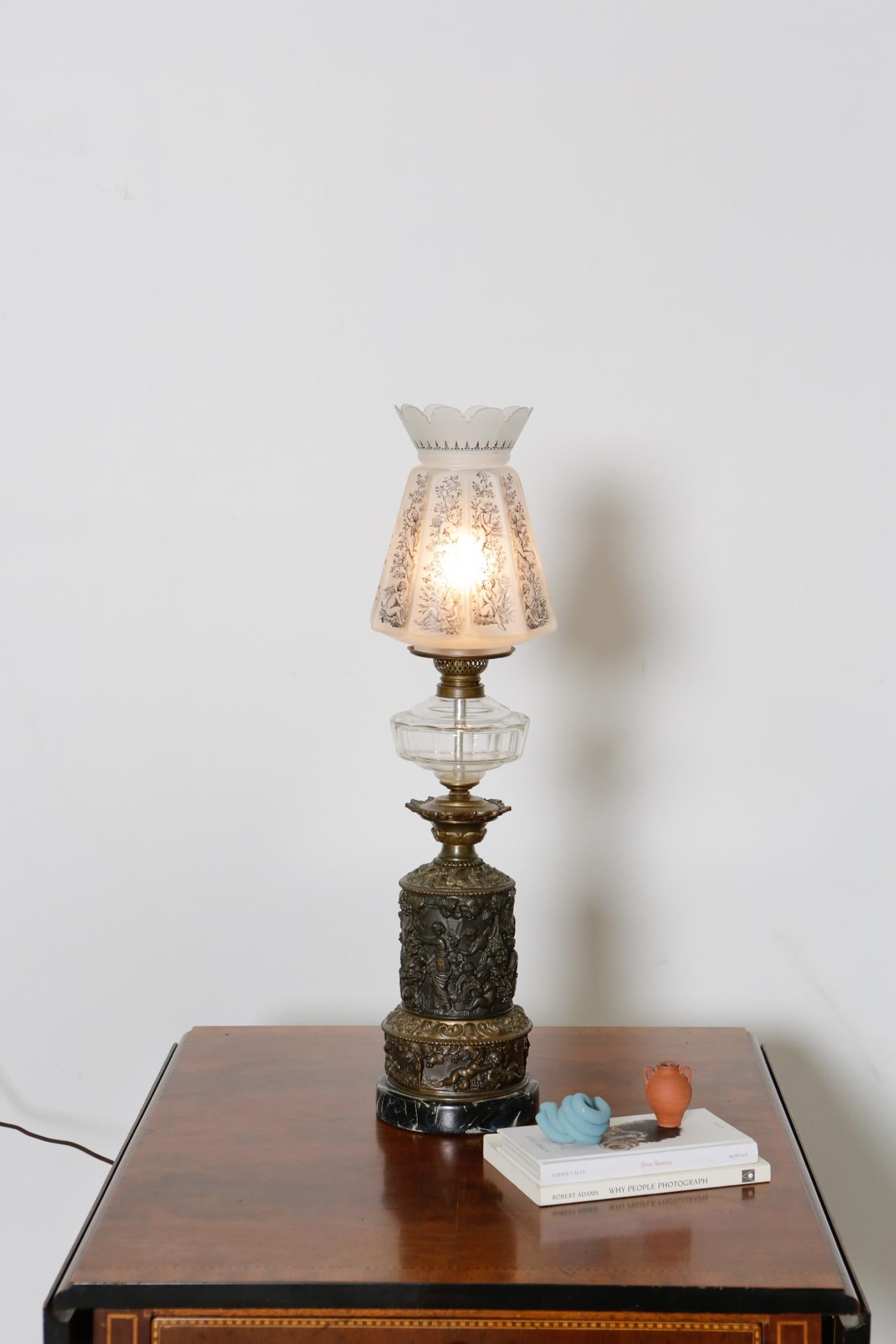 19th Century French Bronze Oil Table Lamp with Frosted Glass Shade 6
