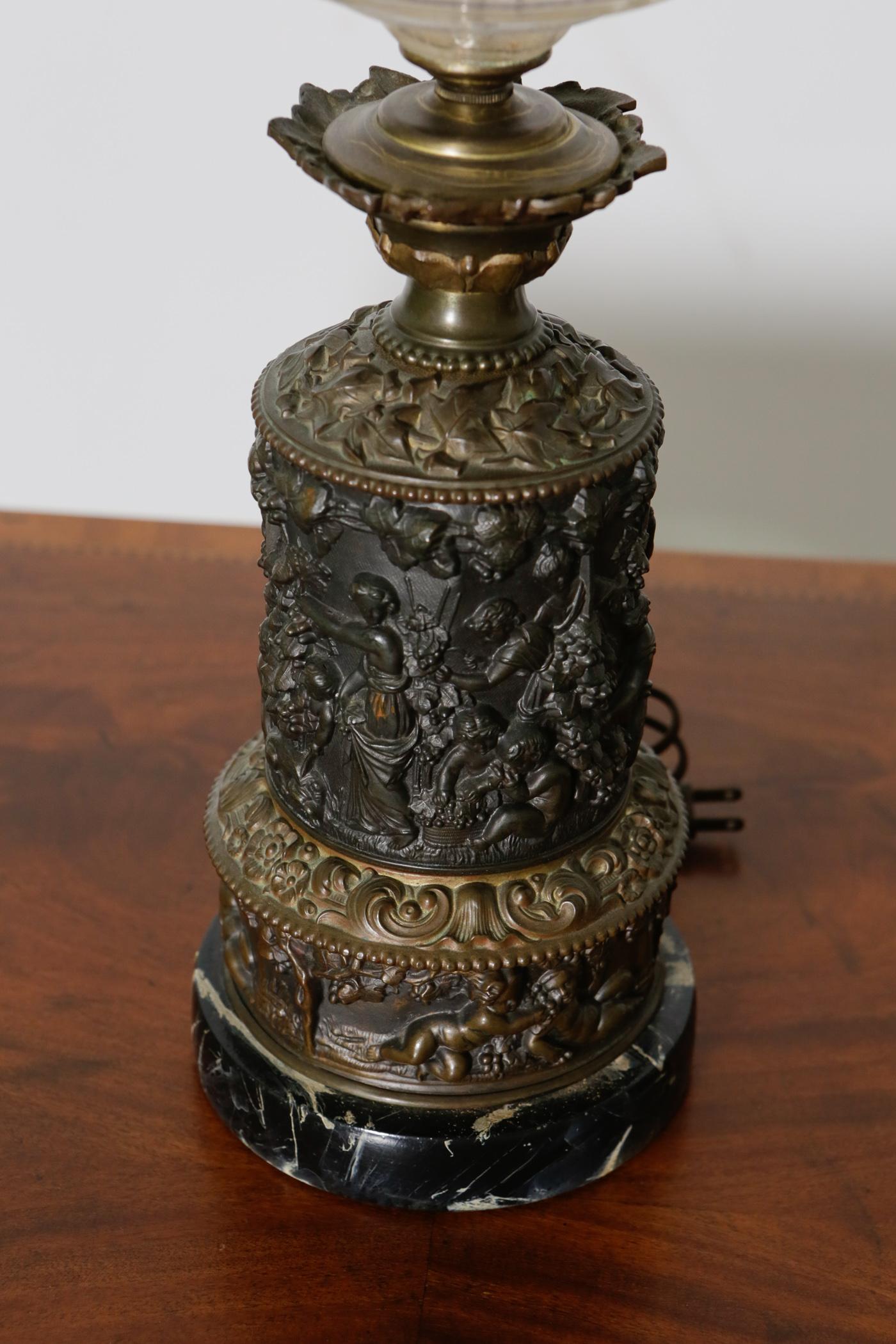 19th Century French Bronze Oil Table Lamp with Frosted Glass Shade 2