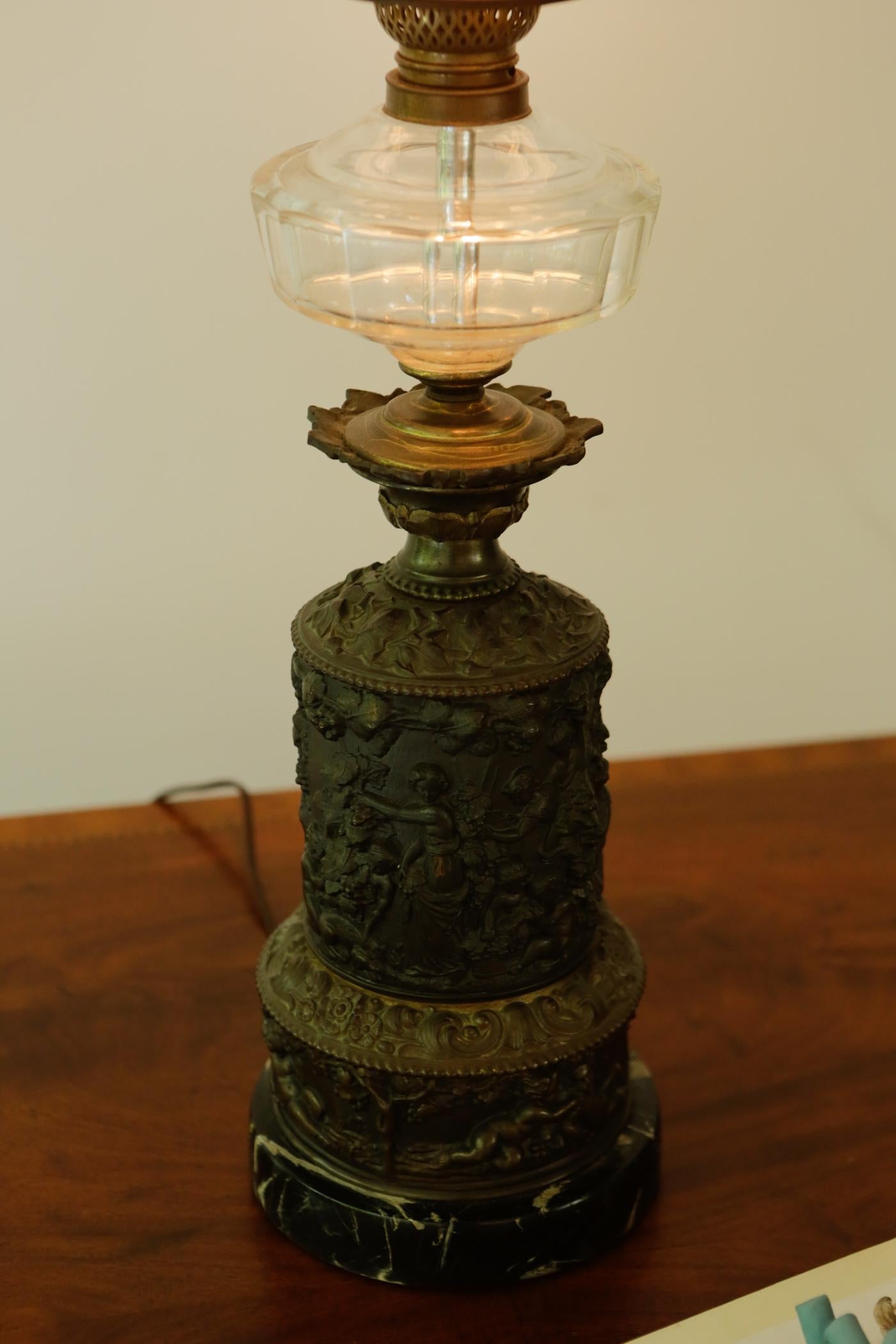 19th Century French Bronze Oil Table Lamp with Frosted Glass Shade 5