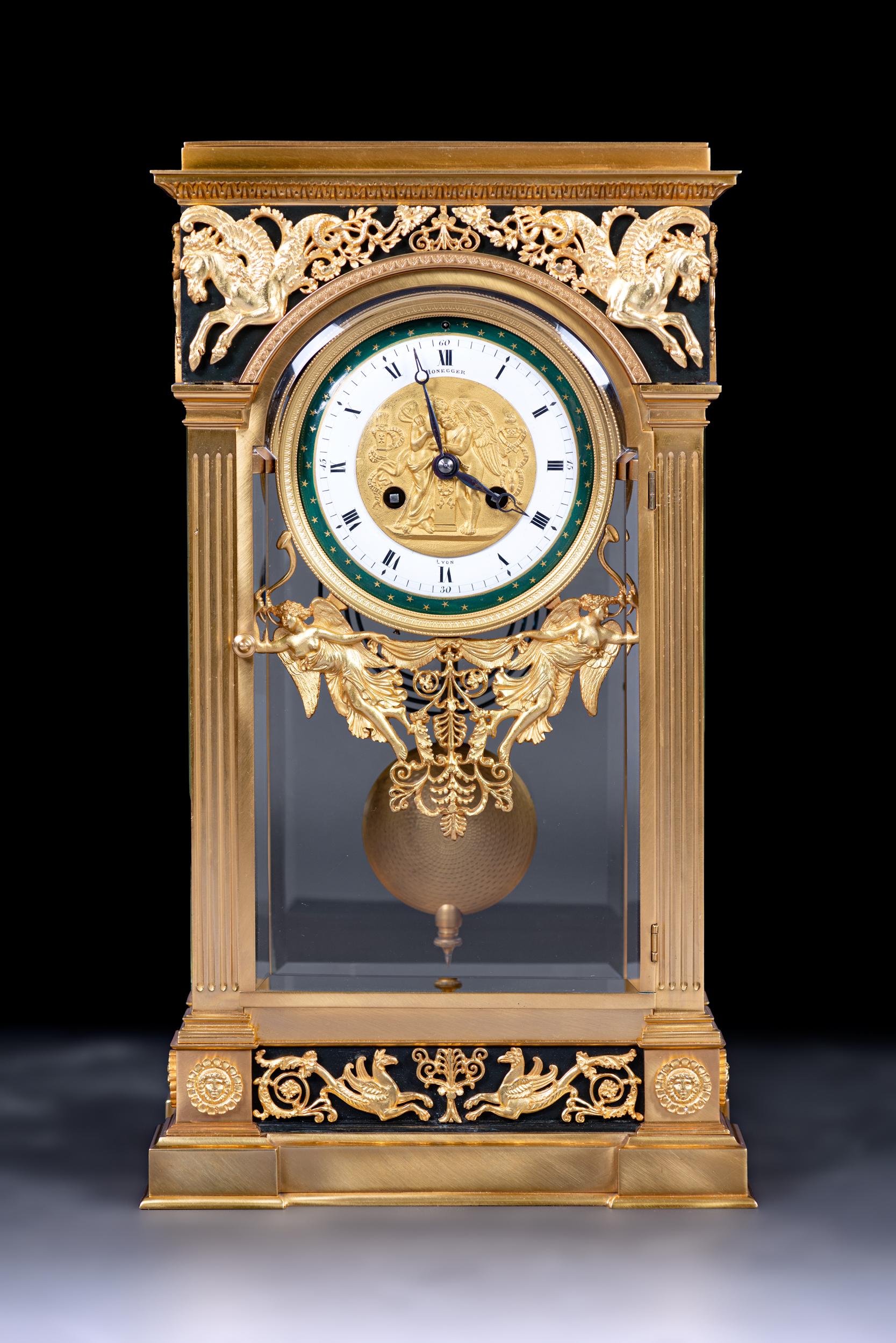 Neoclassical 19th Century, French Bronze & Ormolu Mantle Clock by Honegger