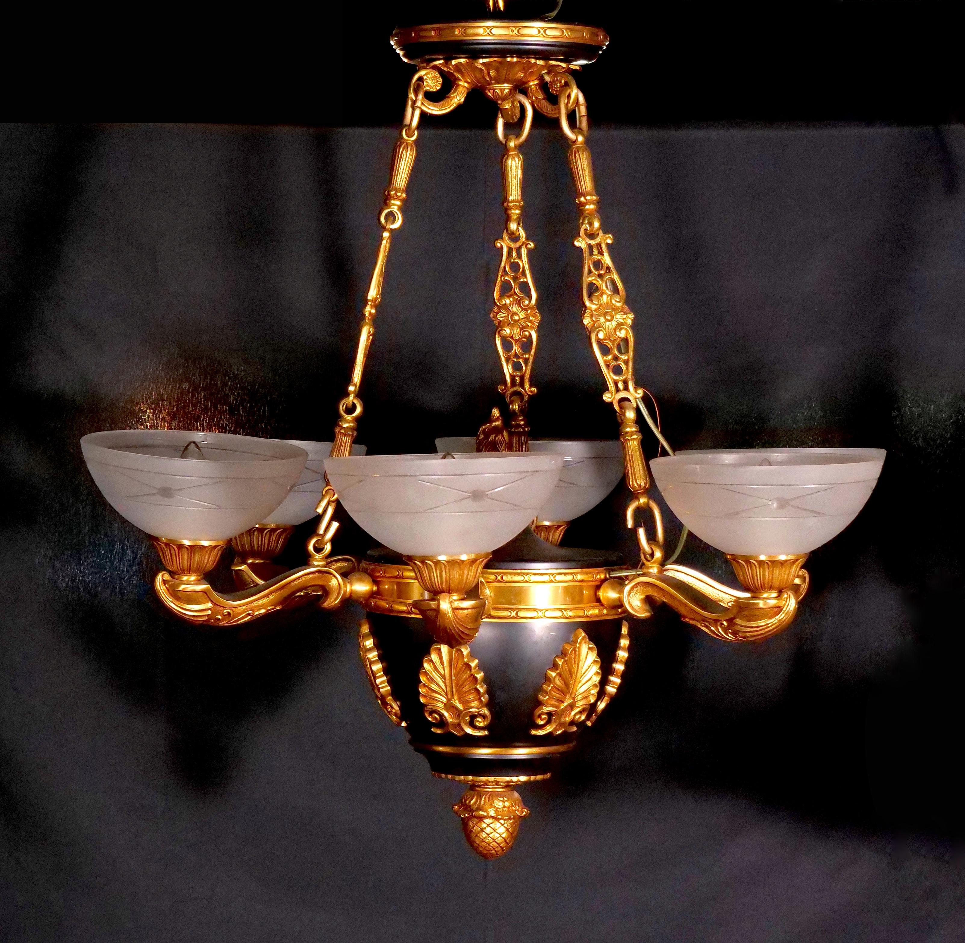 19th Century French Bronze Ormolu Mounted / Patinated Empire Style Chandelier For Sale 6