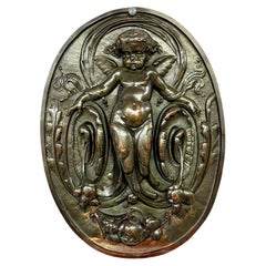 19th Century French Bronze Plaque with Winged Putto and Acanthus