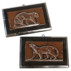 19th Century French Bronze Plaques by Antoine-Louis Barye of Big Cats, Signed
