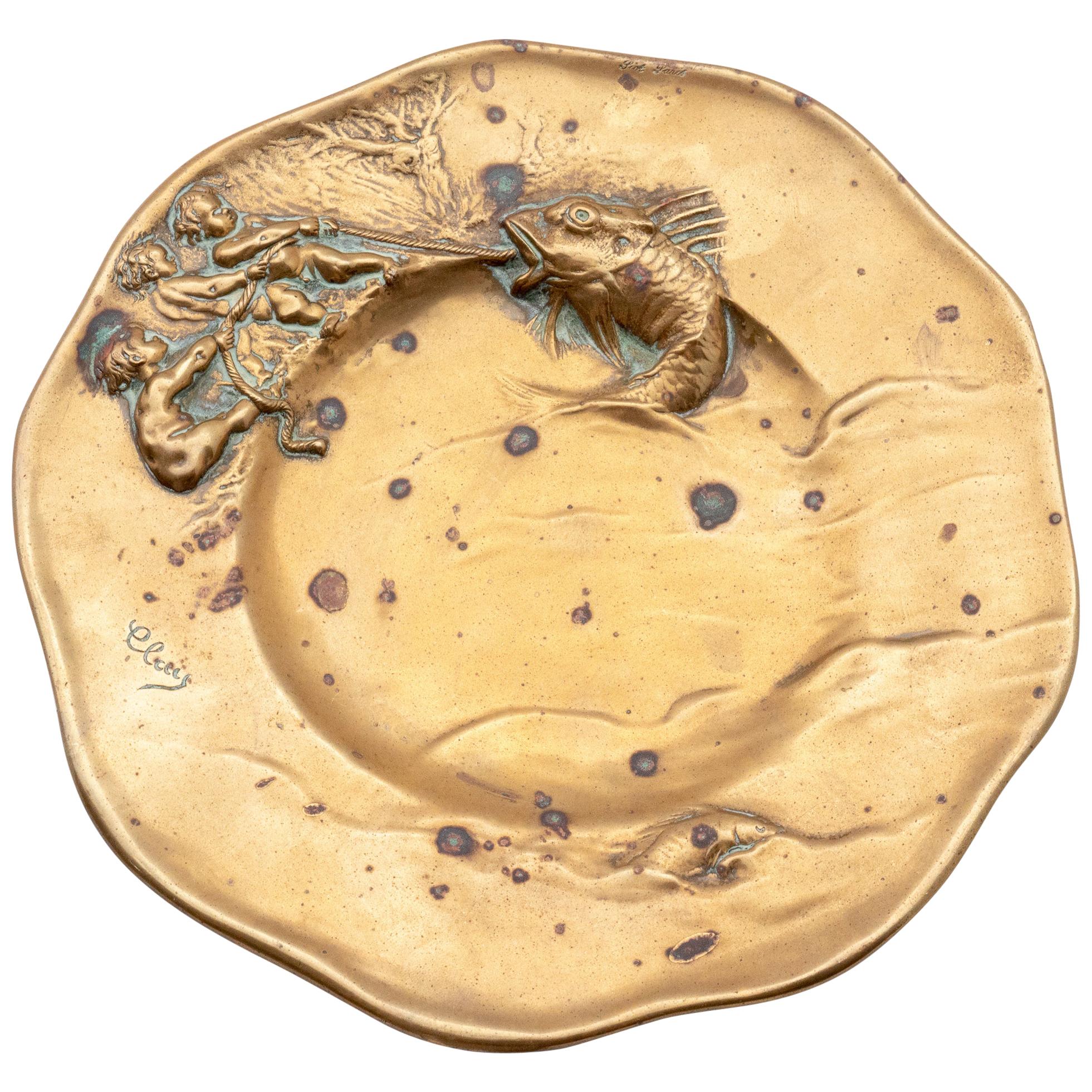 19th Century French Bronze Plate 
Fishing Putti
