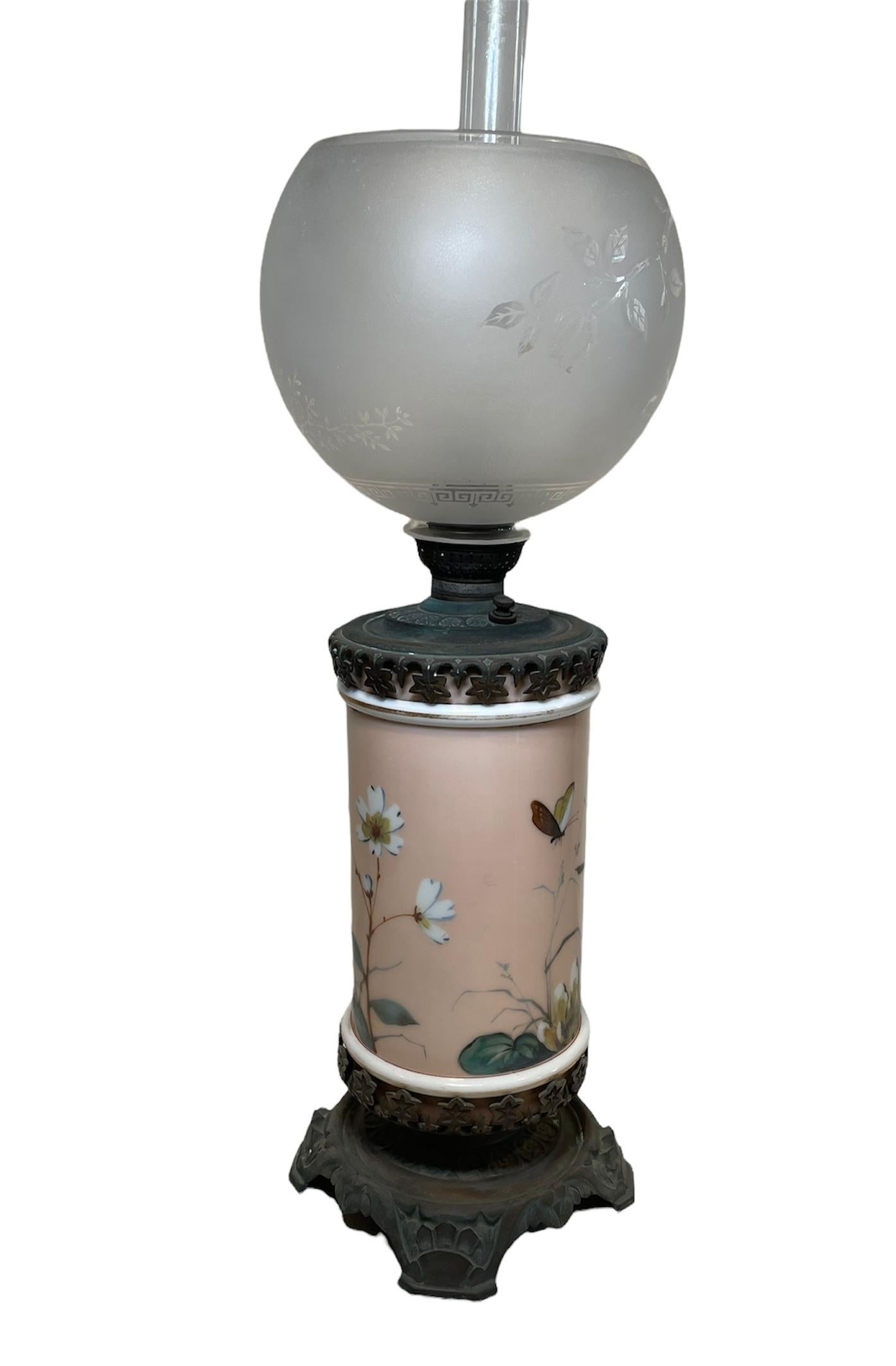 Art Nouveau 19th Century French Bronze Porcelain Hurricane Oil Lamp For Sale