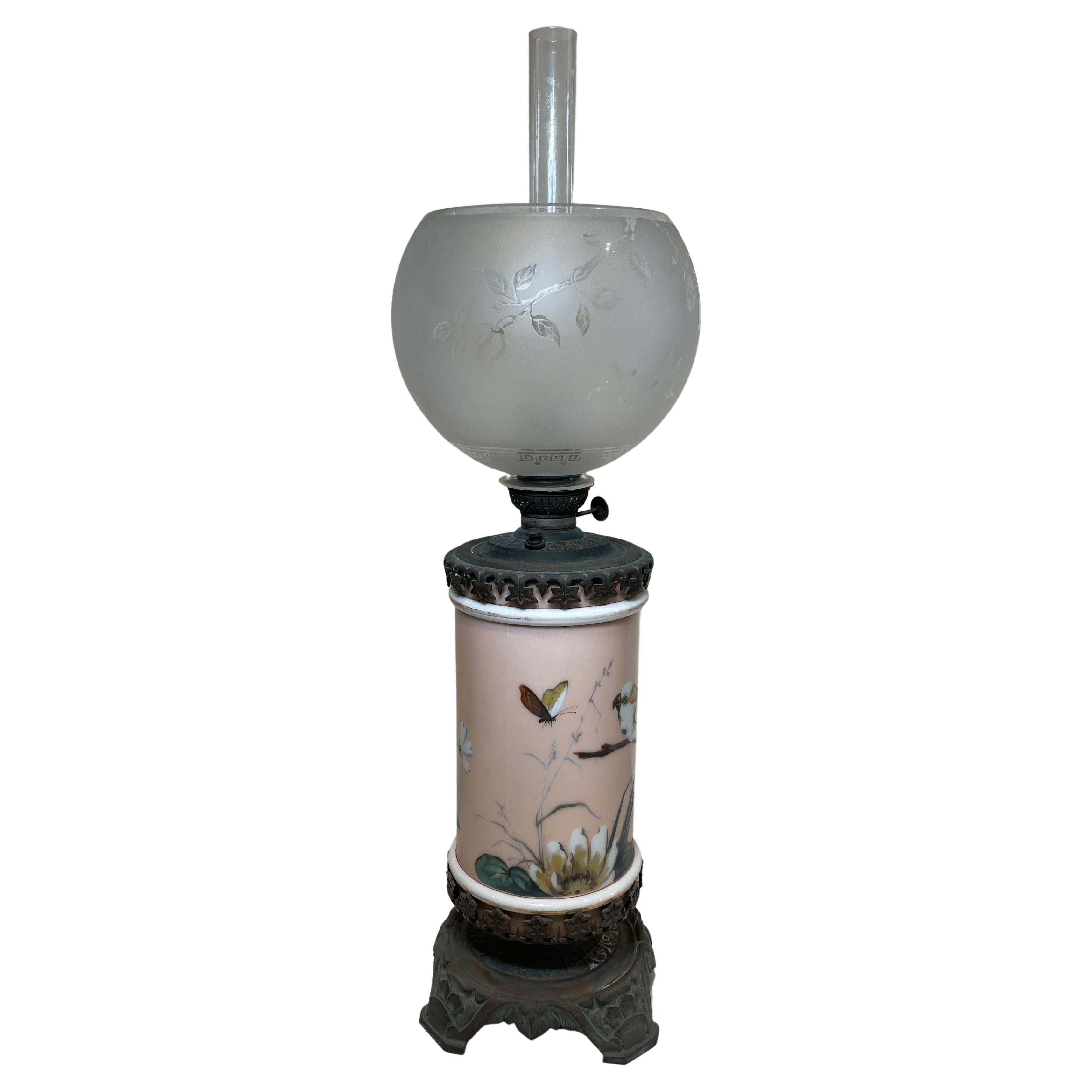 19th Century French Bronze Porcelain Hurricane Oil Lamp