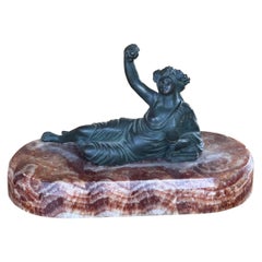 19th Century French Bronze Reclining Figure with Grapes on Banded Stone Base