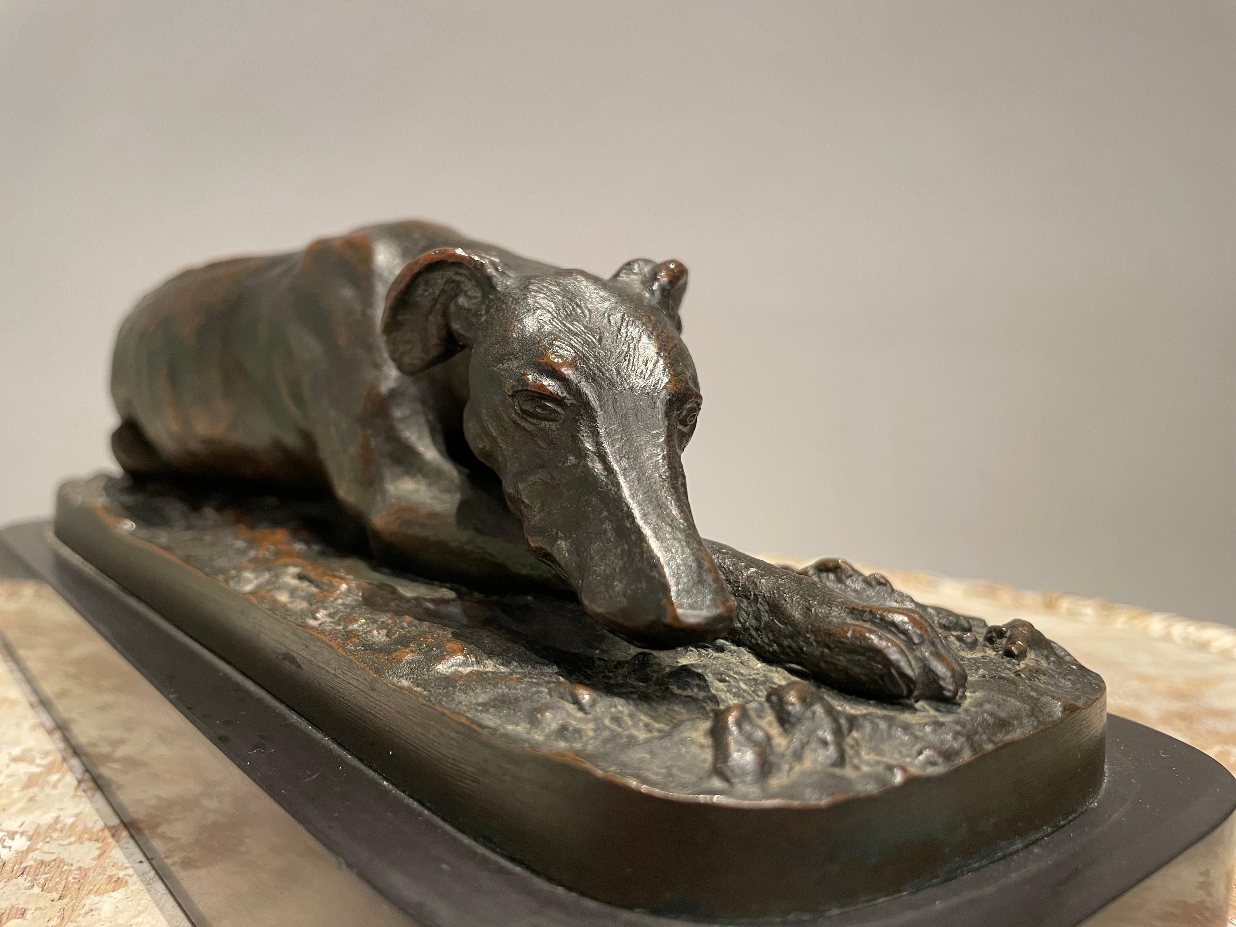 Barbizon School 19th Century French Bronze Reclining Greyhound by Christopher Fratin, 1801-1864 For Sale