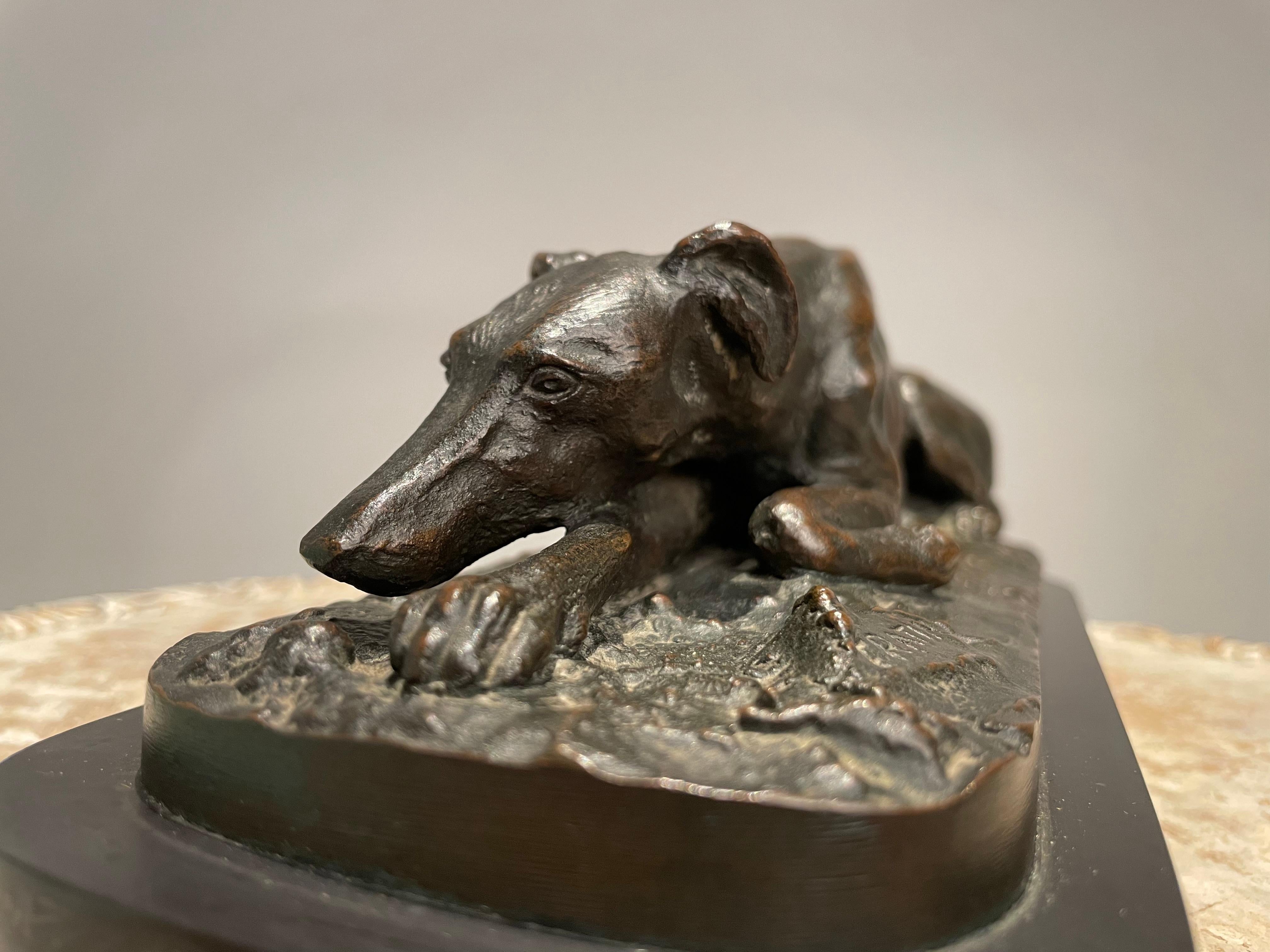 Cast 19th Century French Bronze Reclining Greyhound by Christopher Fratin, 1801-1864 For Sale
