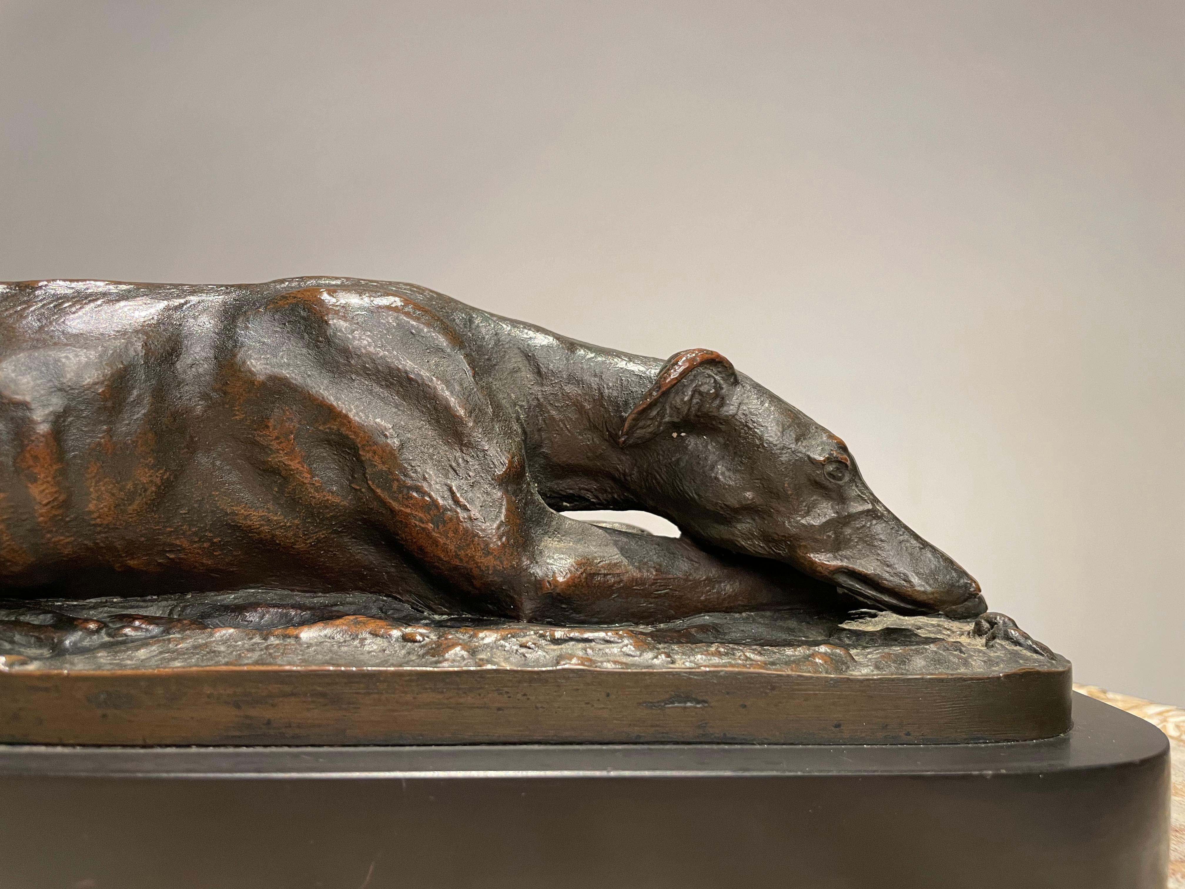 19th Century French Bronze Reclining Greyhound by Christopher Fratin, 1801-1864 In Good Condition For Sale In Stamford, CT