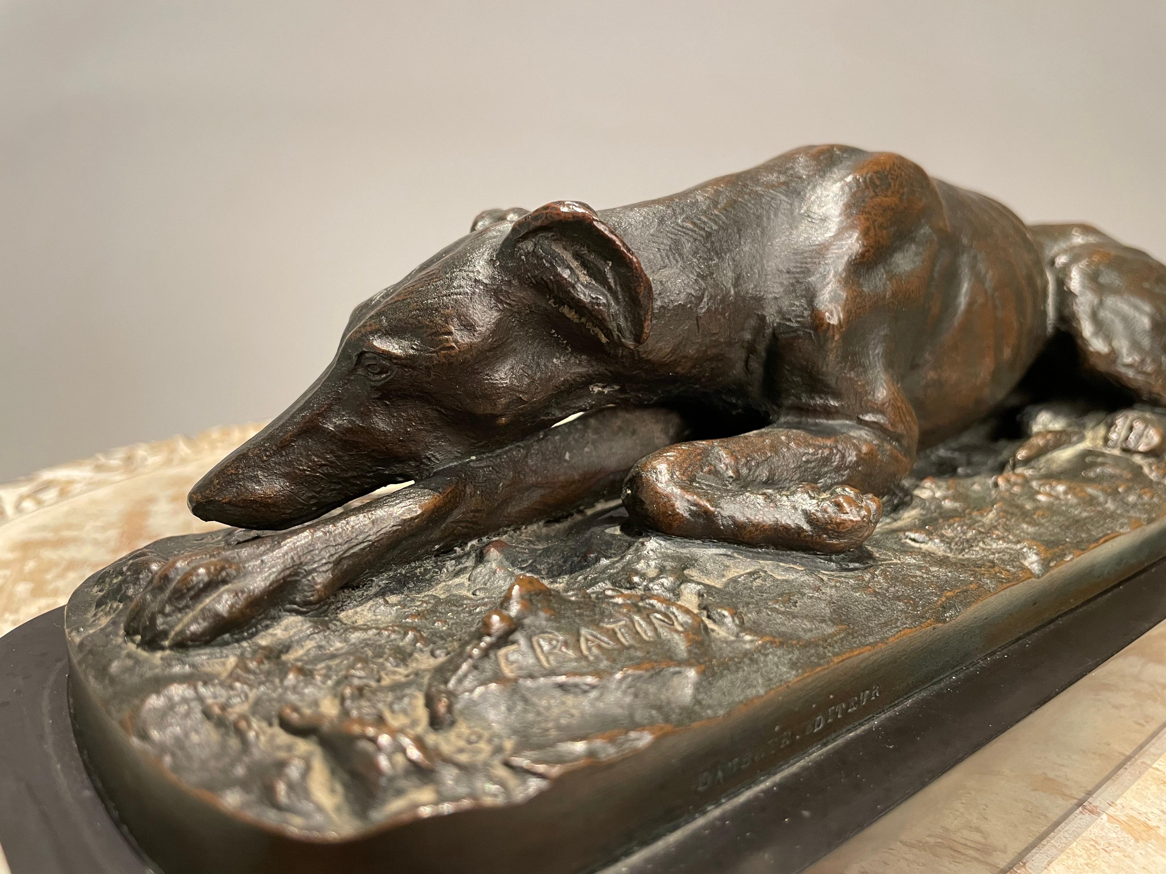 19th Century French Bronze Reclining Greyhound by Christopher Fratin, 1801-1864 For Sale 1