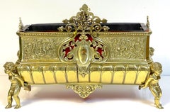 19th Century French Bronze & Red Enamel Figural Putti Motif Jardinière/Planter