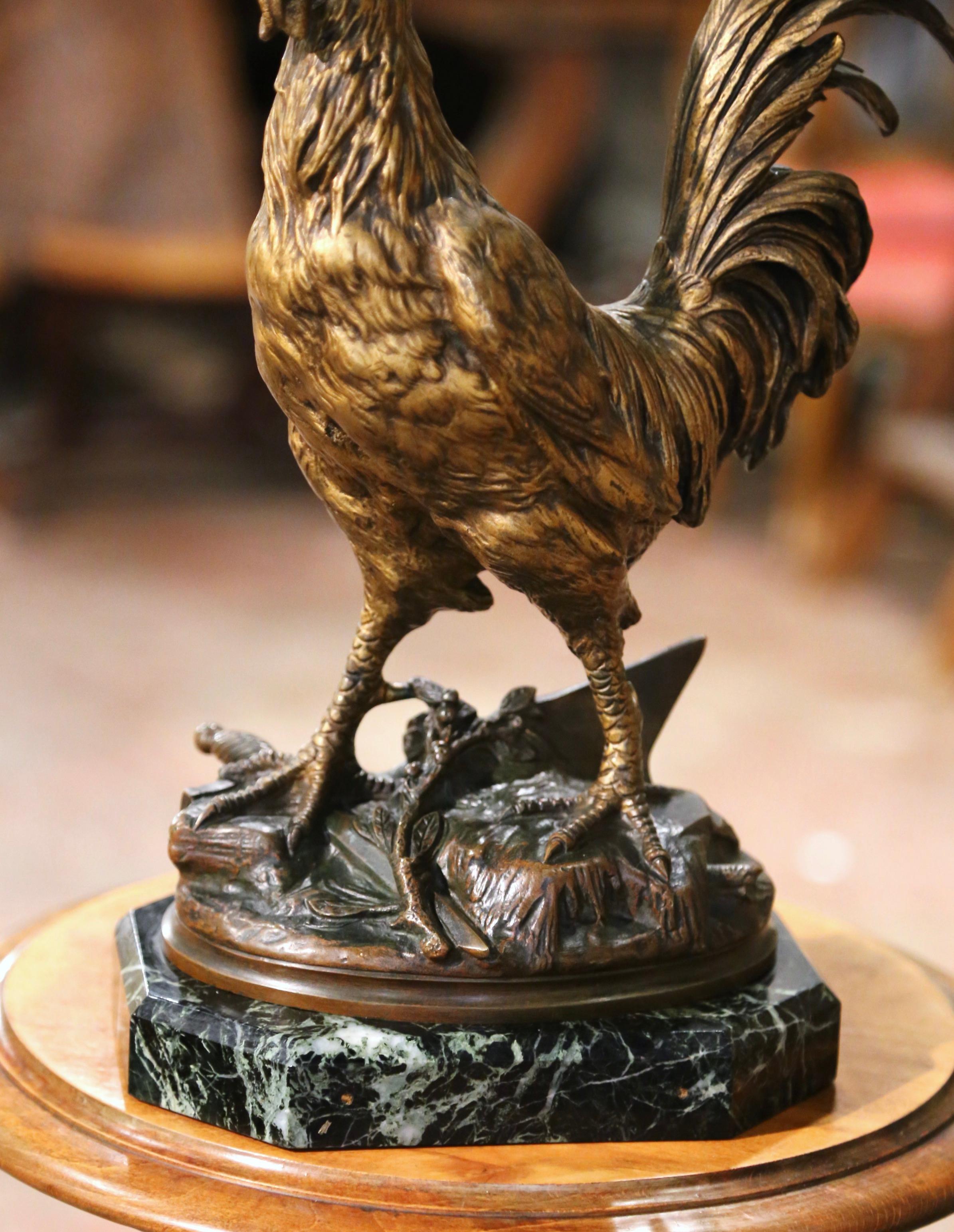 Patinated 19th Century French Bronze Rooster Sculpture on Marble Base Signed E. Drouot