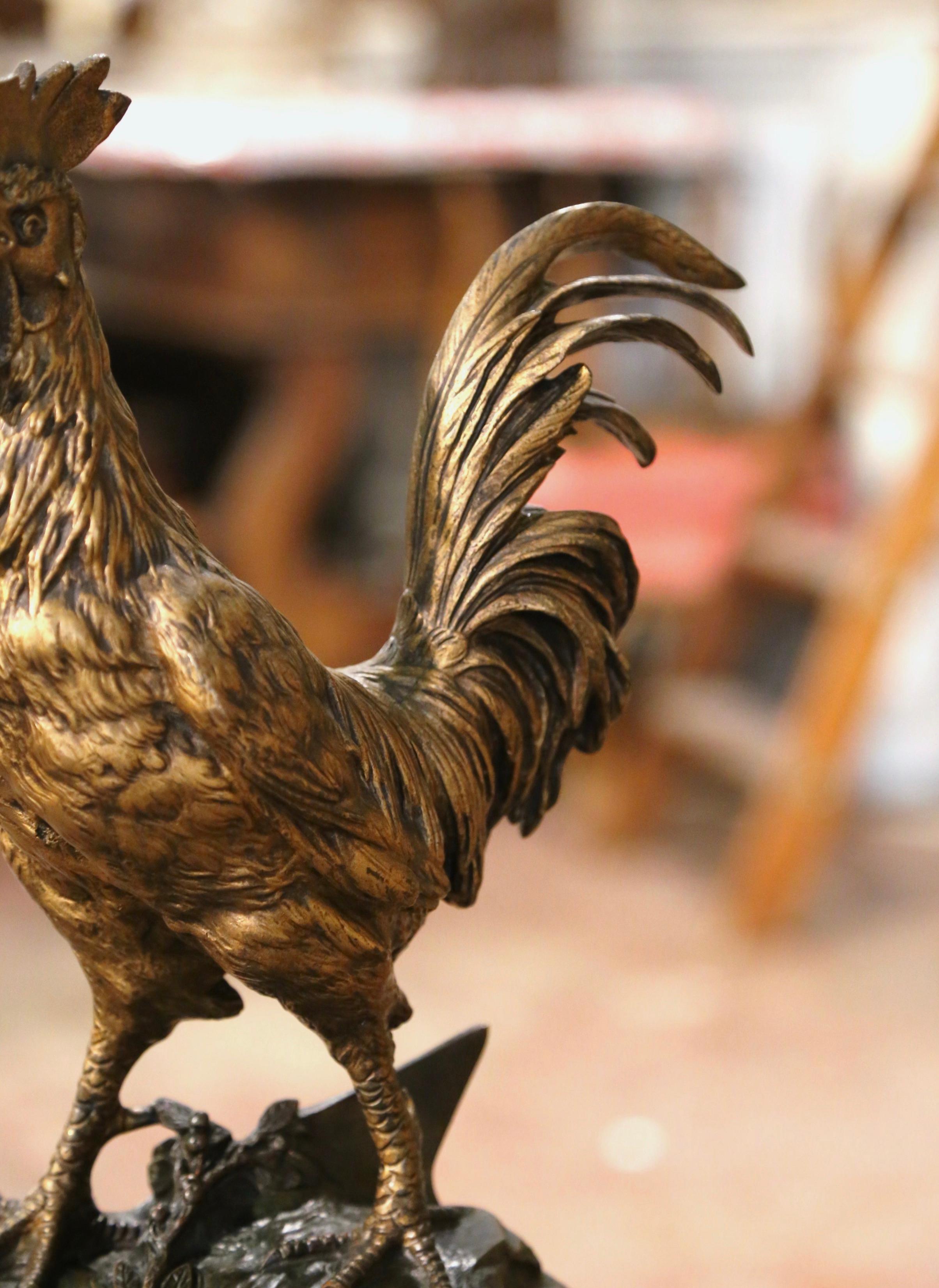 Patiné Sculpture de coq en bronze du 19ème siècle sur socle en marbre signée E. Drouot