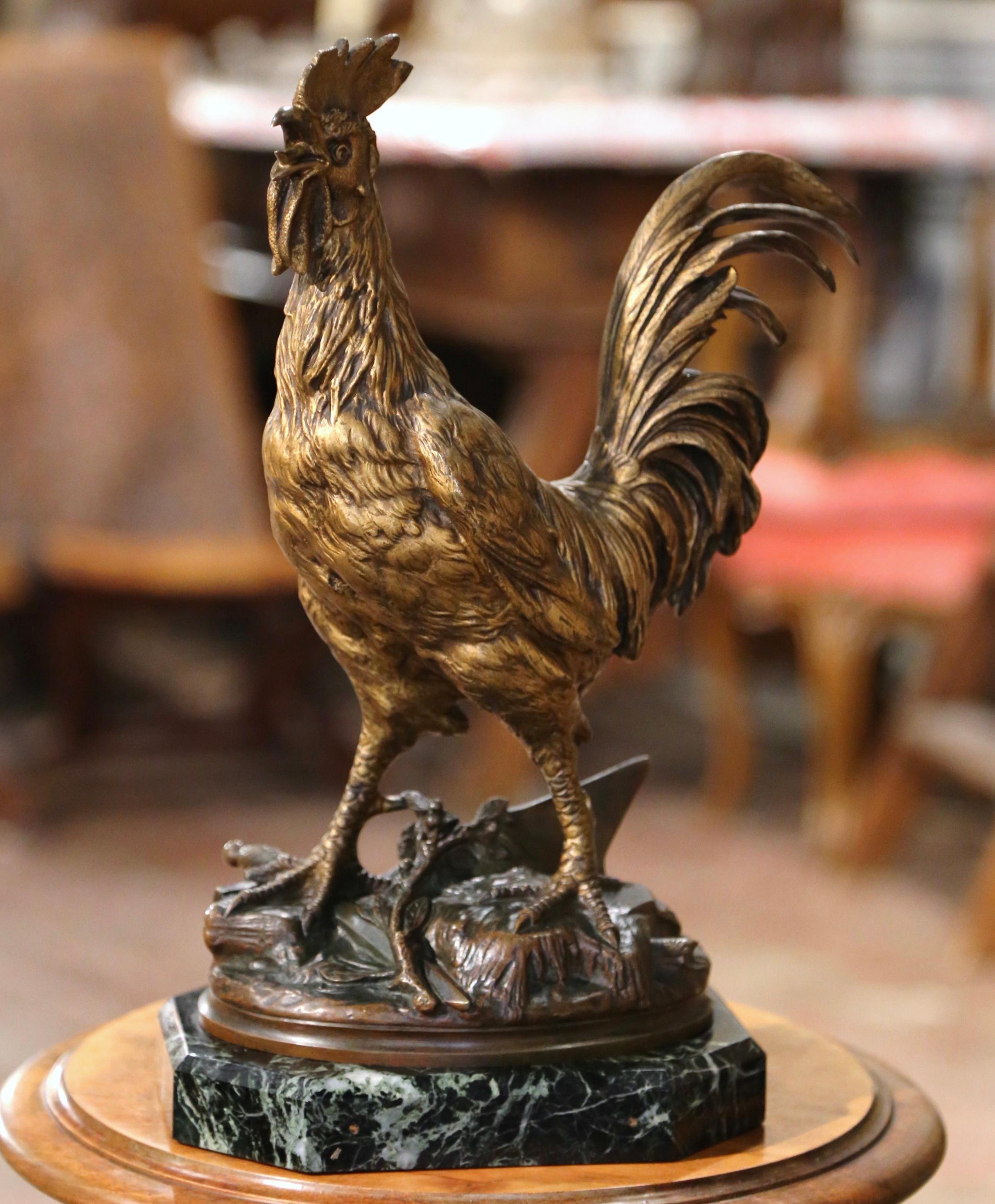 19th Century French Bronze Rooster Sculpture on Marble Base Signed E. Drouot 1
