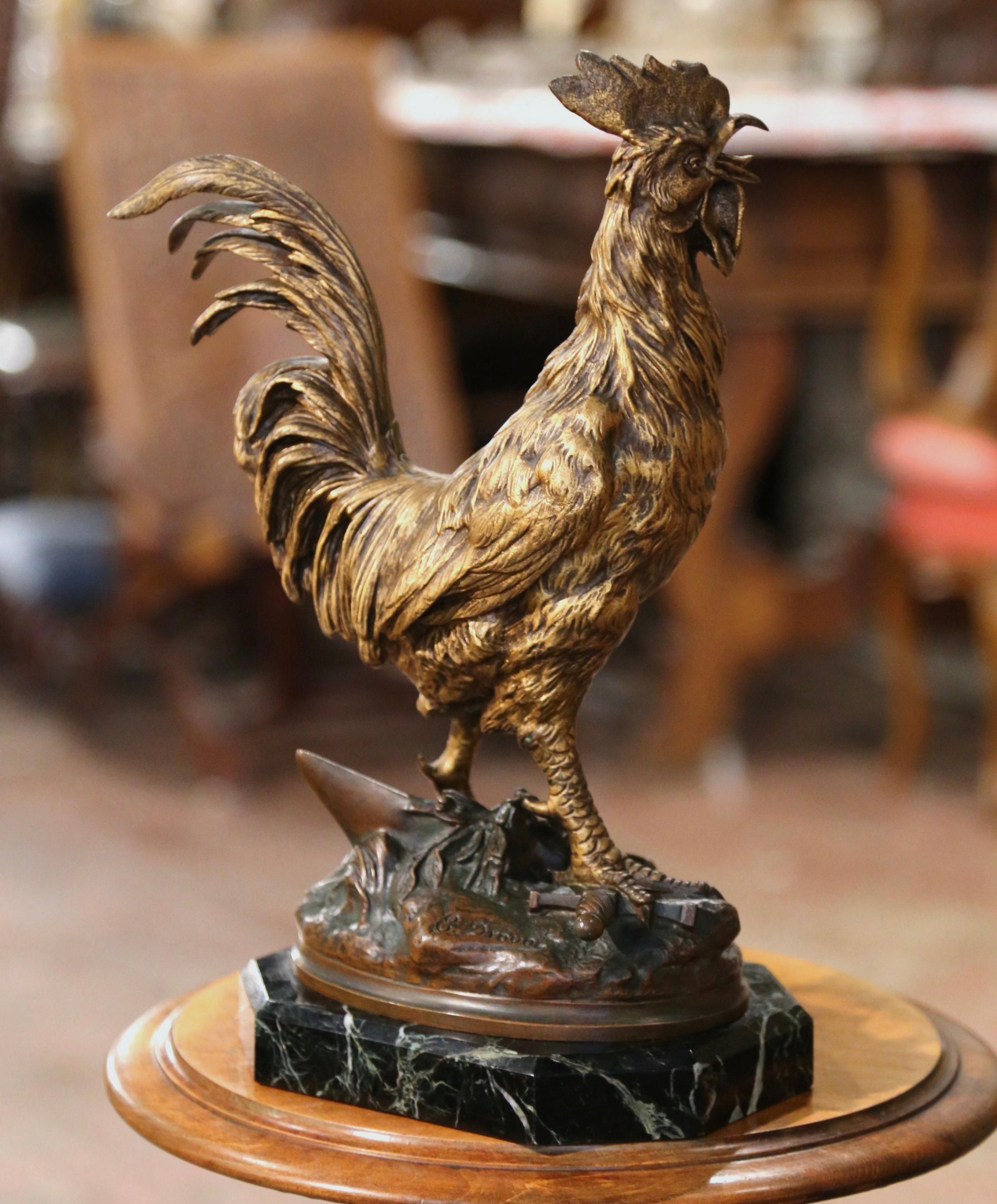 19th Century French Bronze Rooster Sculpture on Marble Base Signed E. Drouot 2