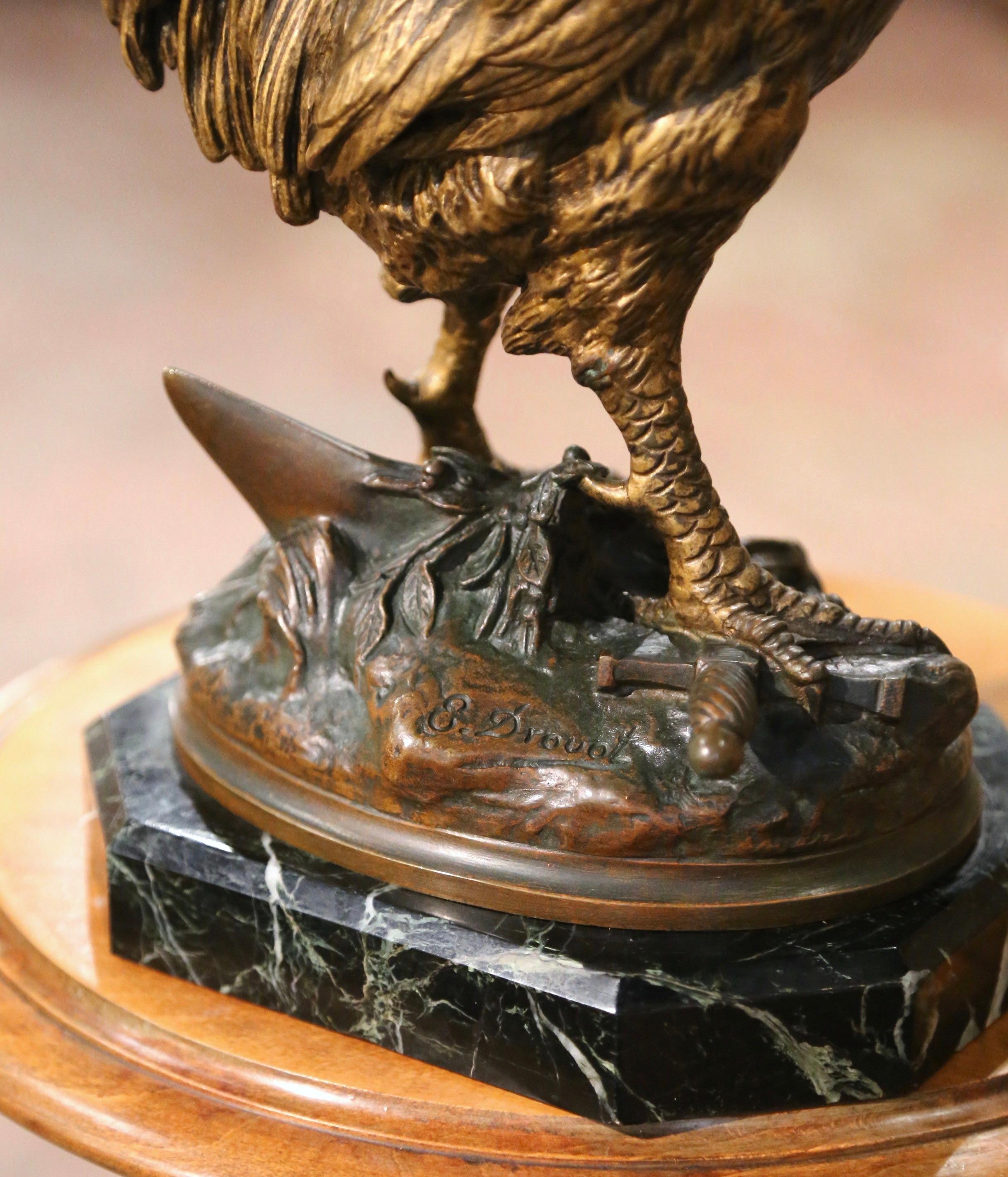 Bronze Sculpture de coq en bronze du 19ème siècle sur socle en marbre signée E. Drouot