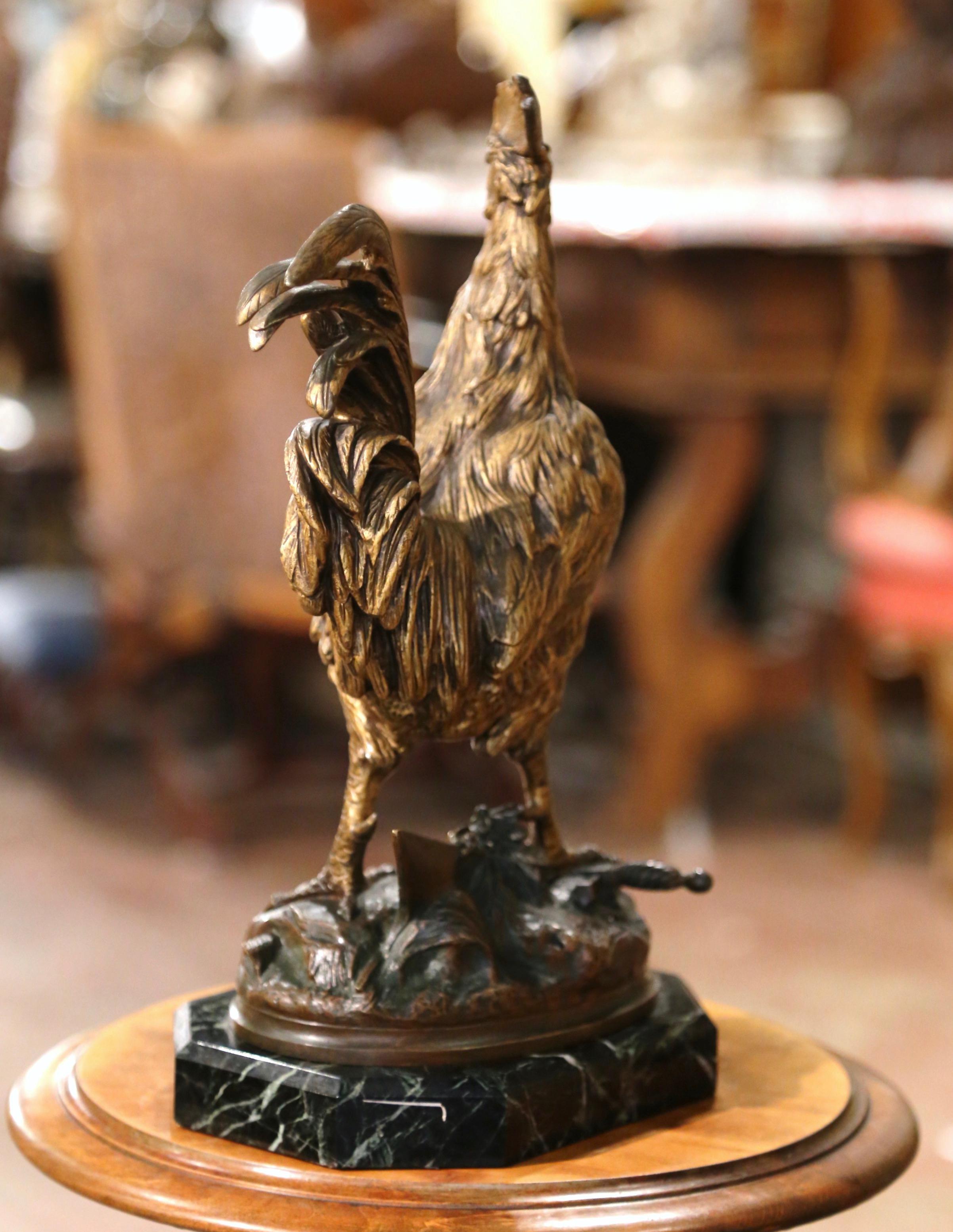 Sculpture de coq en bronze du 19ème siècle sur socle en marbre signée E. Drouot 2