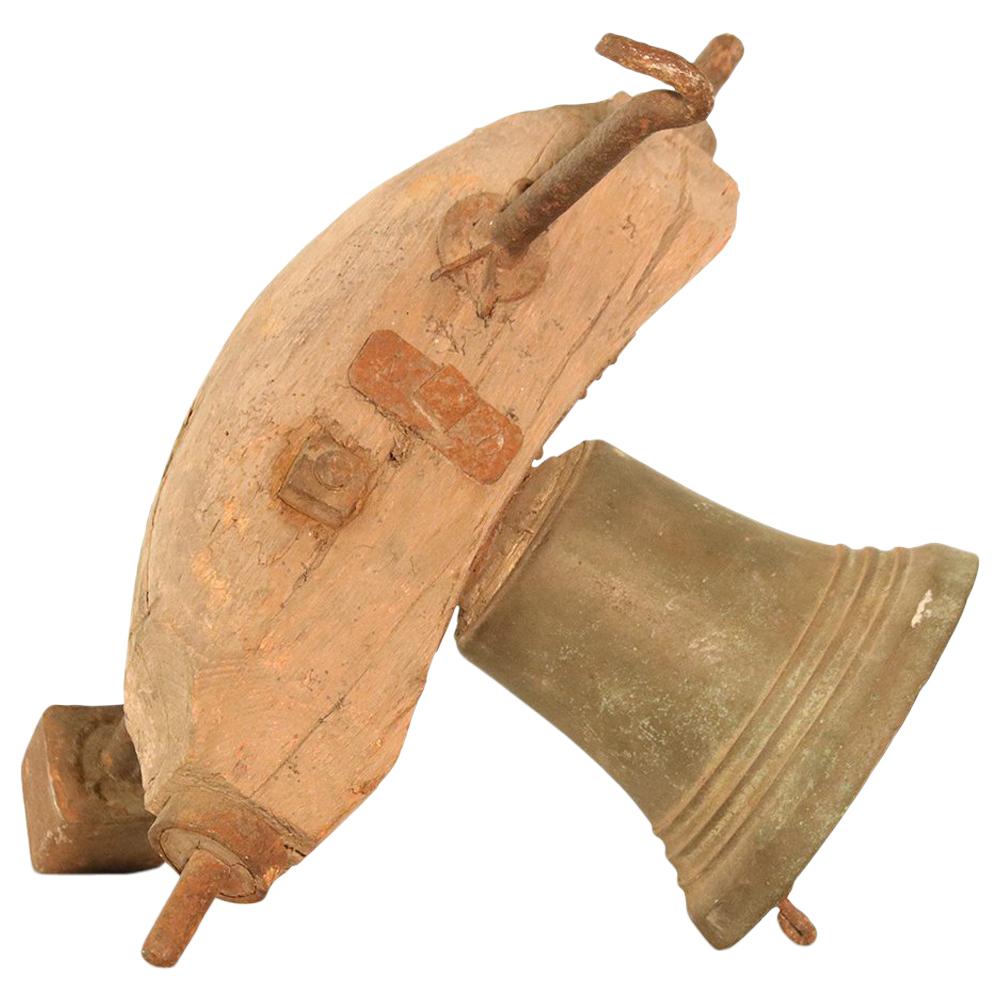 19th Century French Bronze School Bell with Wooden Beam and Original Clapper For Sale