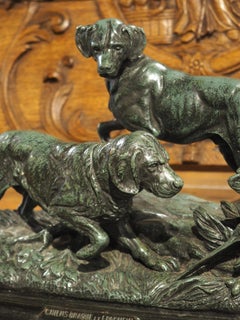 19th Century French Bronze Sculpture, A Pointer and Spaniel Hunting a Pheasant