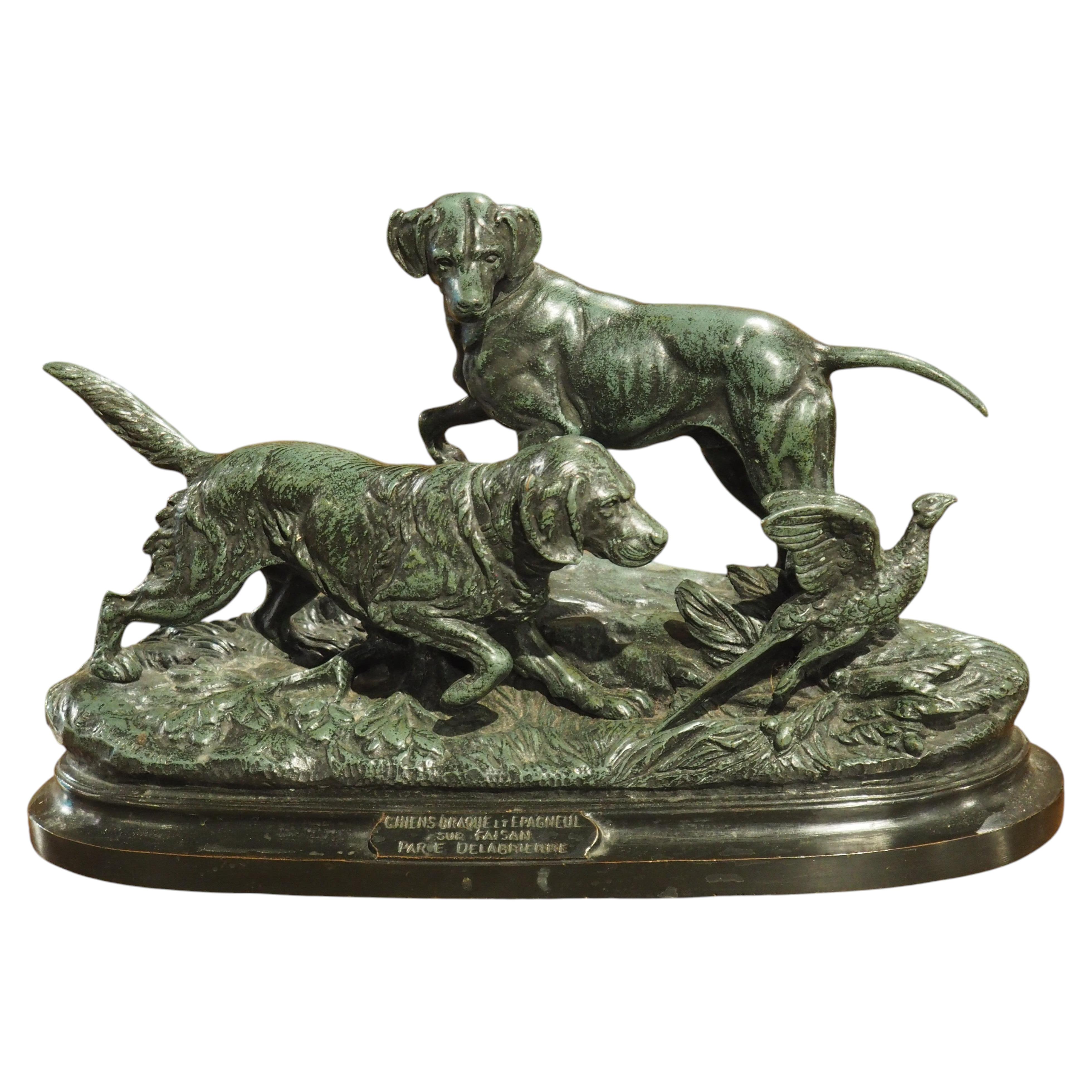 19th Century French Bronze Sculpture, A Pointer and Spaniel Hunting a Pheasant For Sale