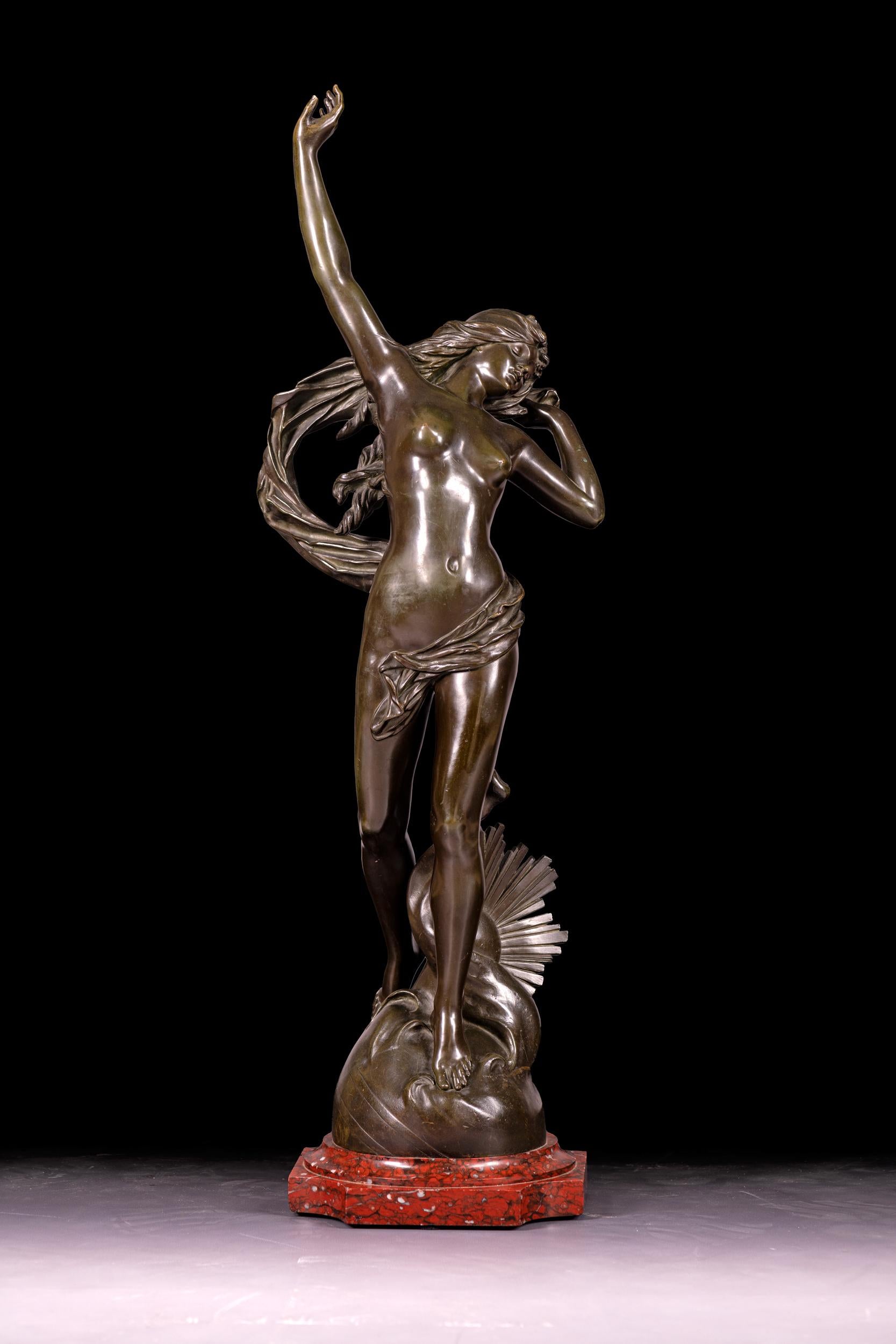 Edouard Drouot (1859-1945), Dawn. Aurora as large stretching nude on wave with rising sun, patinated bronze on Rouge marble shaped plinth base, signed ''E. Drouot''

Artists Biography:

Edouard Drouot

(1859 - 1945)

Edouard Drouot was born