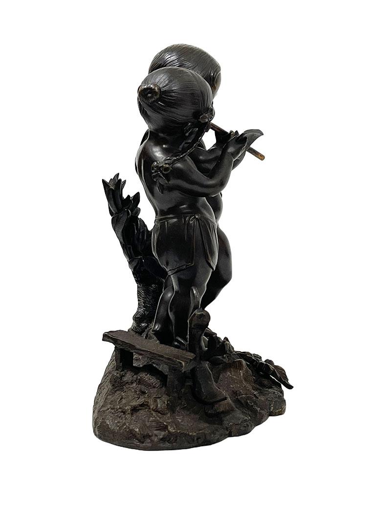 19th Century French Bronze Sculpture of Children Playing Music In Good Condition For Sale In Delft, NL