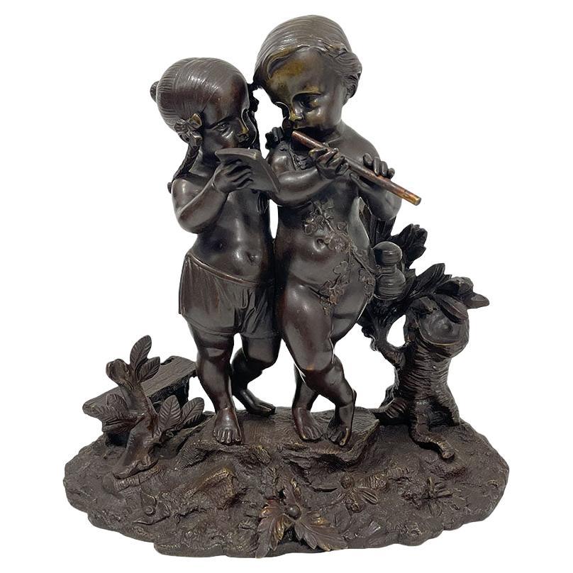 19th Century French Bronze Sculpture of Children Playing Music For Sale