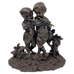 Antique 19th Century French Bronze Sculpture of Children Playing Music