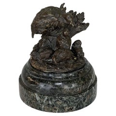 Antique 19th Century French Bronze Sculpture of Nesting Quail on Marble Base