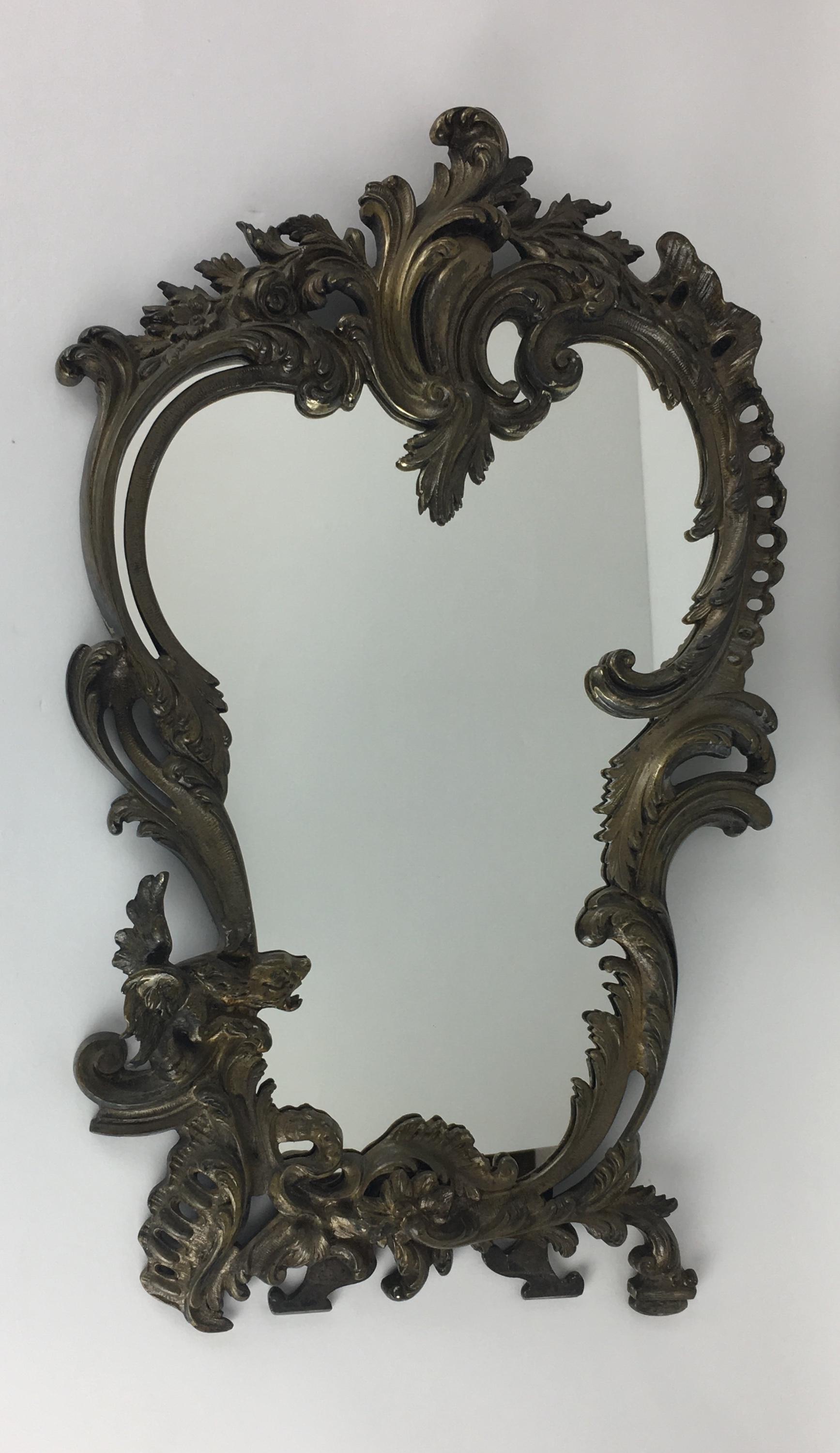 Rococo 19th Century Napoleon III Style French Silver Plated Bronze Table Mirror For Sale