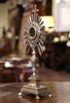 19th Century French Bronze Silvered Catholic Monstrance with Cross & Shining Sun
