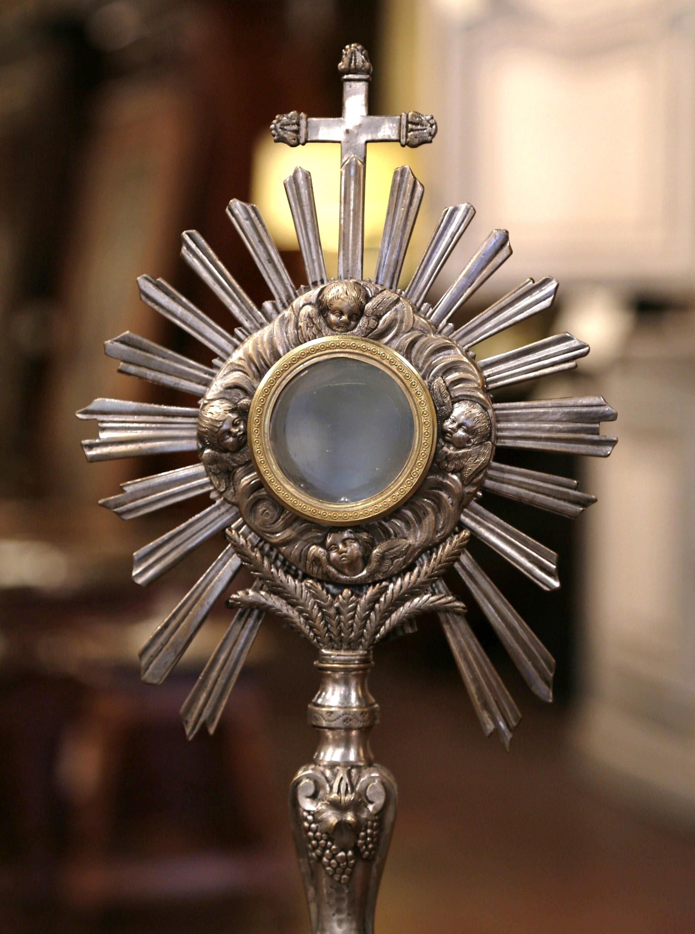 Louis XIV 19th Century French Bronze Silvered Catholic Monstrance with Cross & Shining Sun