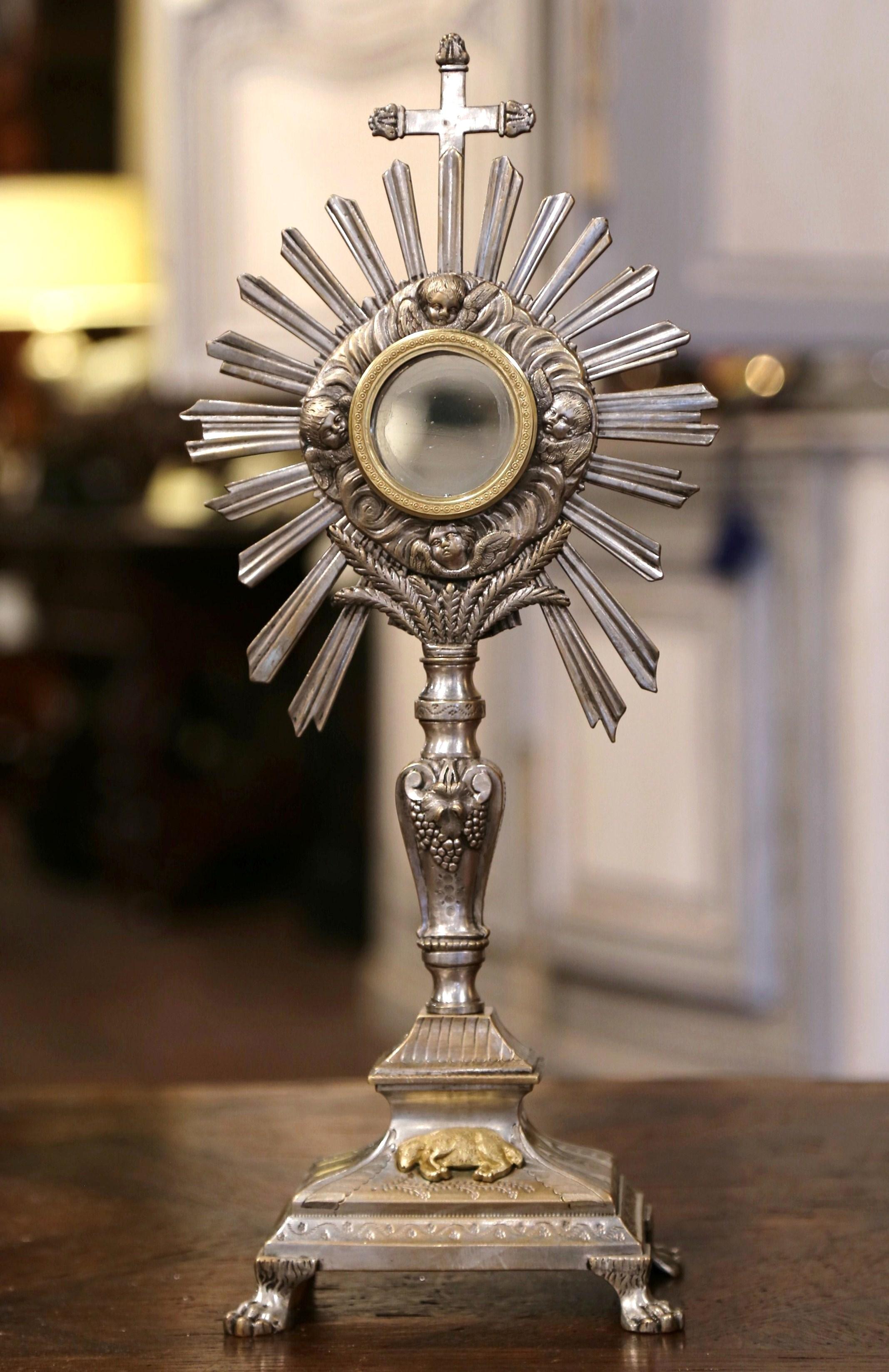 Hand-Crafted 19th Century French Bronze Silvered Catholic Monstrance with Cross & Shining Sun