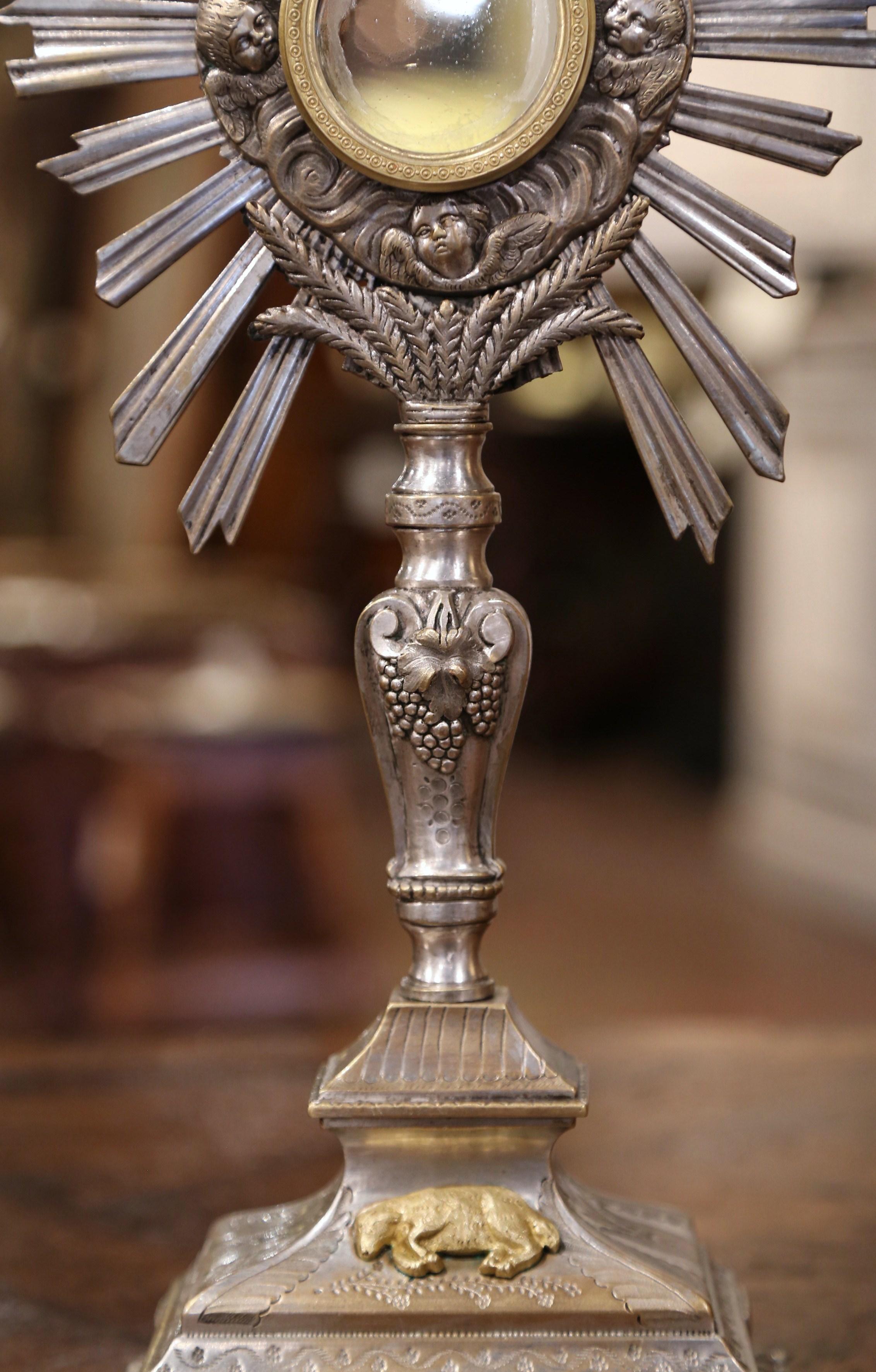 19th Century French Bronze Silvered Catholic Monstrance with Cross & Shining Sun In Excellent Condition In Dallas, TX