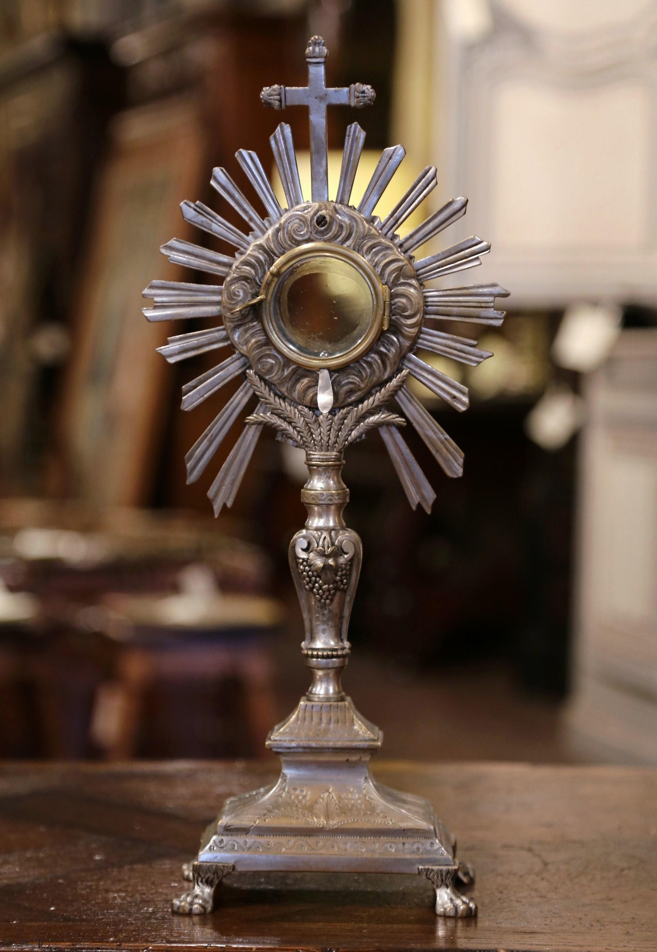 19th Century French Bronze Silvered Catholic Monstrance with Cross & Shining Sun 1