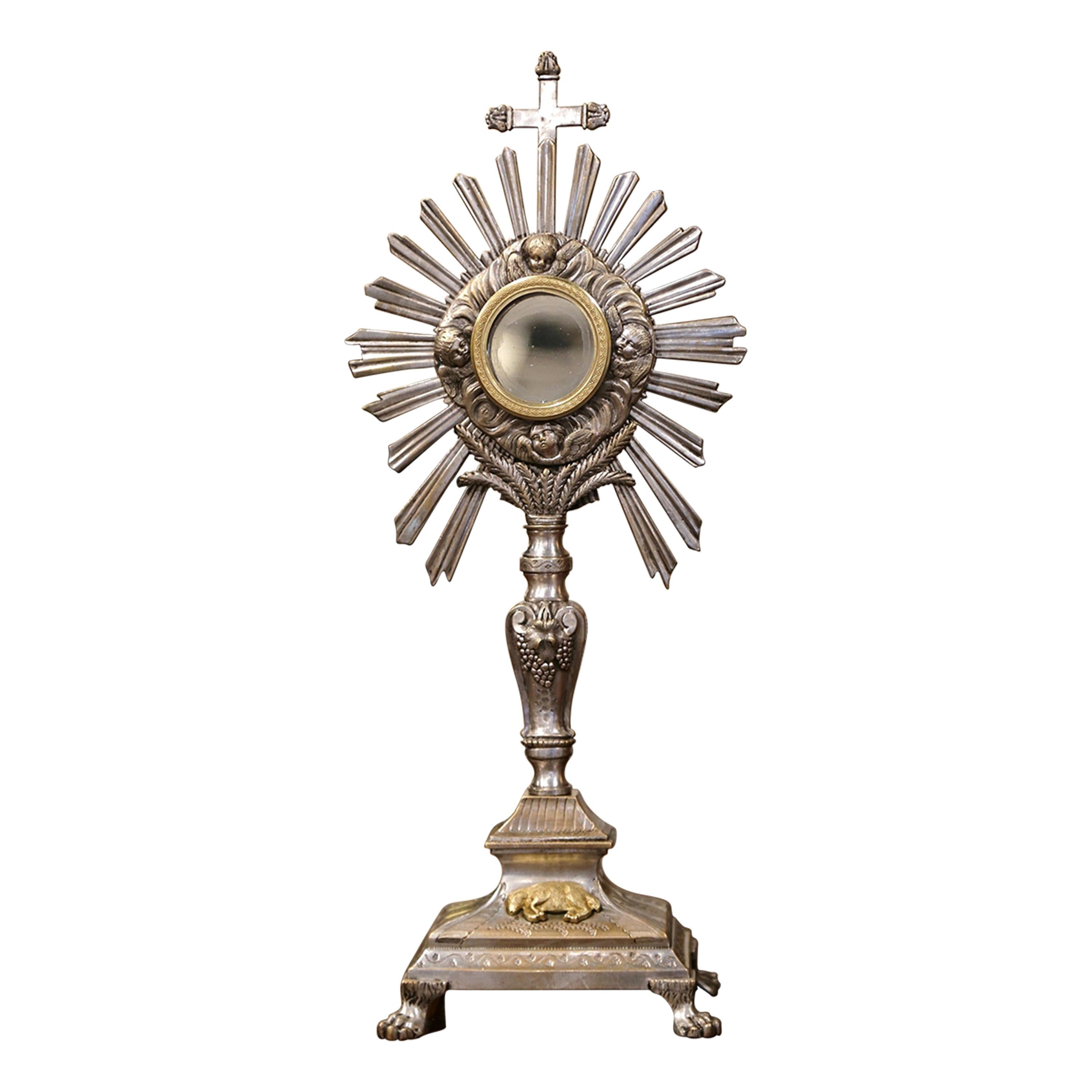 19th Century French Bronze Silvered Catholic Monstrance with Cross & Shining Sun