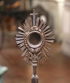 19th Century French Bronze Silvered Catholic Monstrance with Cross & Wheat Decor