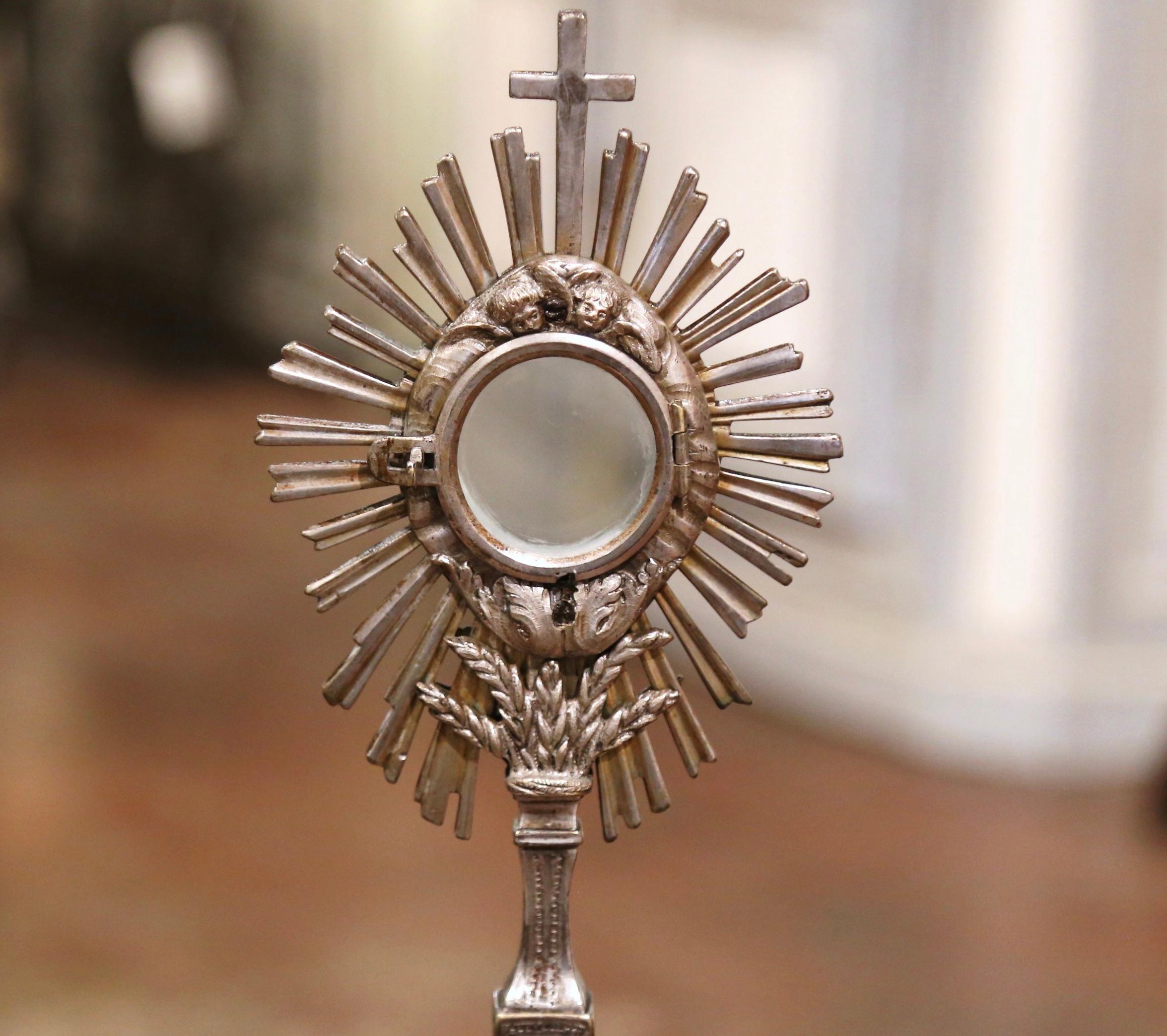Hand-Crafted 19th Century French Bronze Silvered Catholic Monstrance with Cross & Wheat Decor