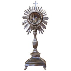 Antique 19th Century French Bronze Silvered Catholic Monstrance with Cross & Wheat Decor