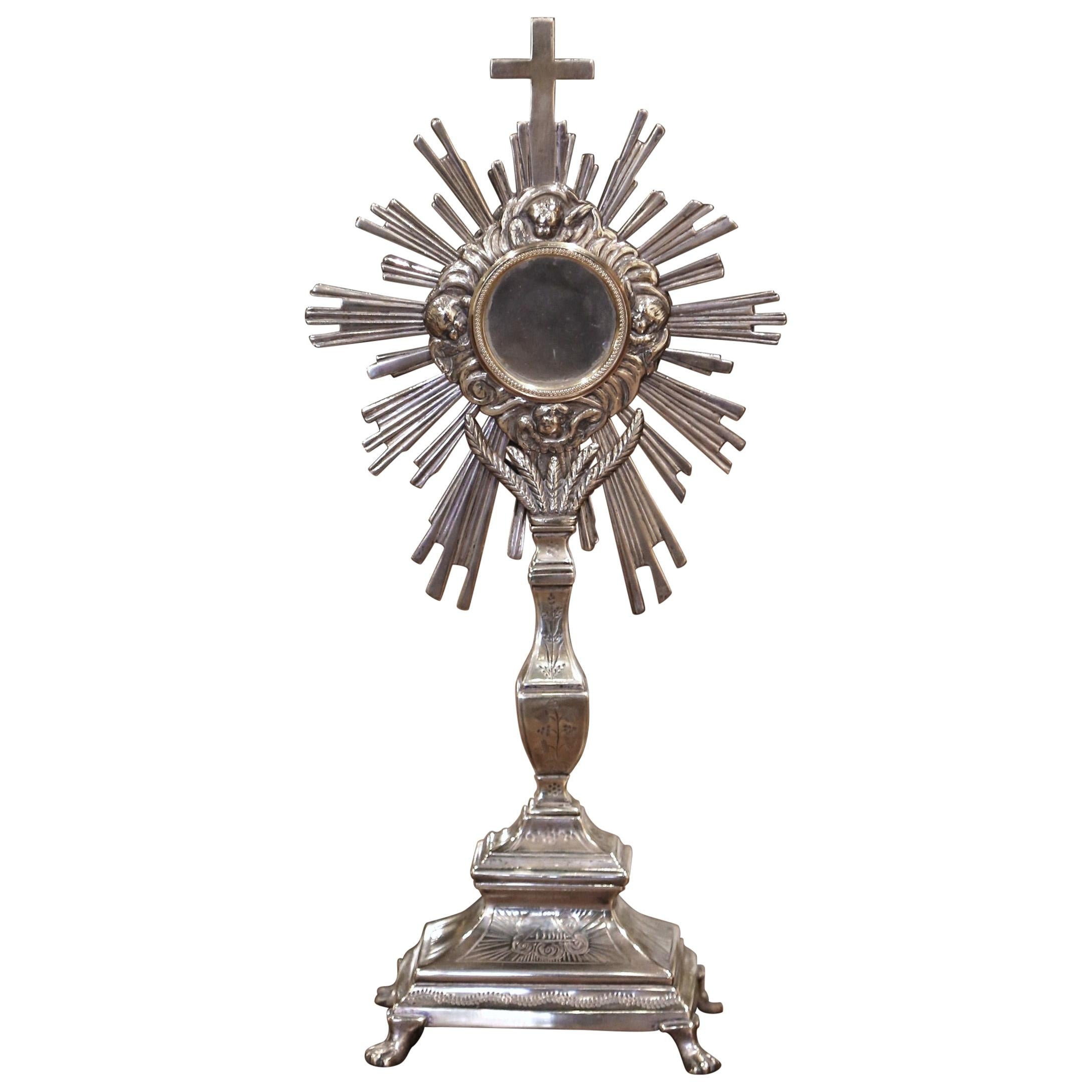19th Century French Bronze Silvered Catholic Monstrance with Cross & Wheat Decor