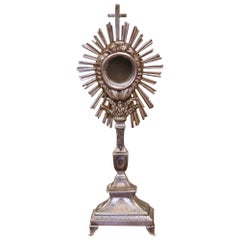 Antique 19th Century French Bronze Silvered Catholic Monstrance with Cross & Wheat Decor