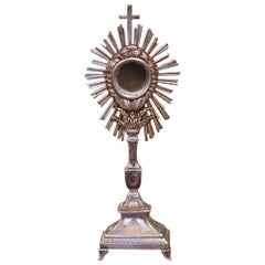 19th Century French Bronze Silvered Catholic Monstrance with Cross & Wheat Decor