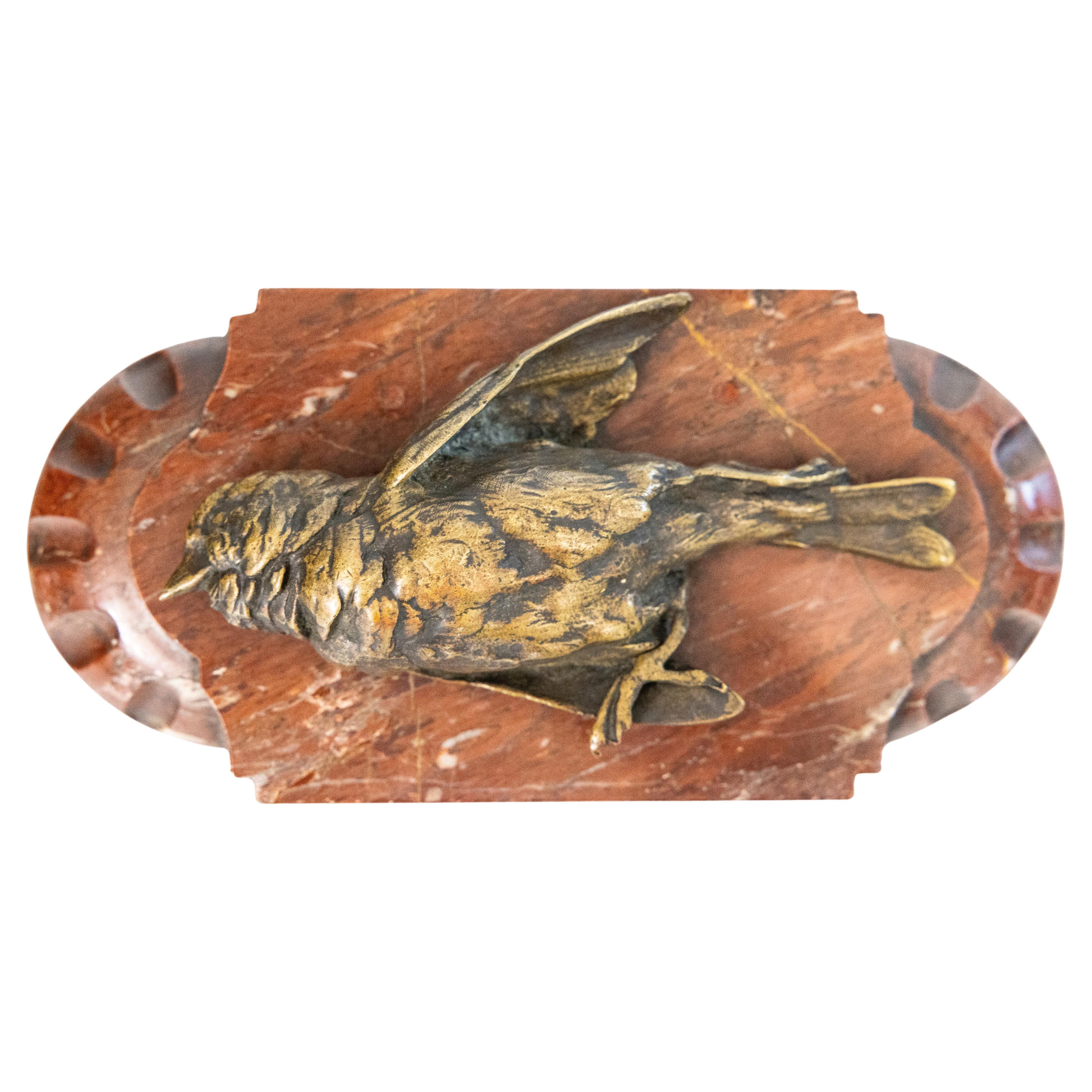 19th Century French Bronze Sparrow on Red Marble Base after Comolera