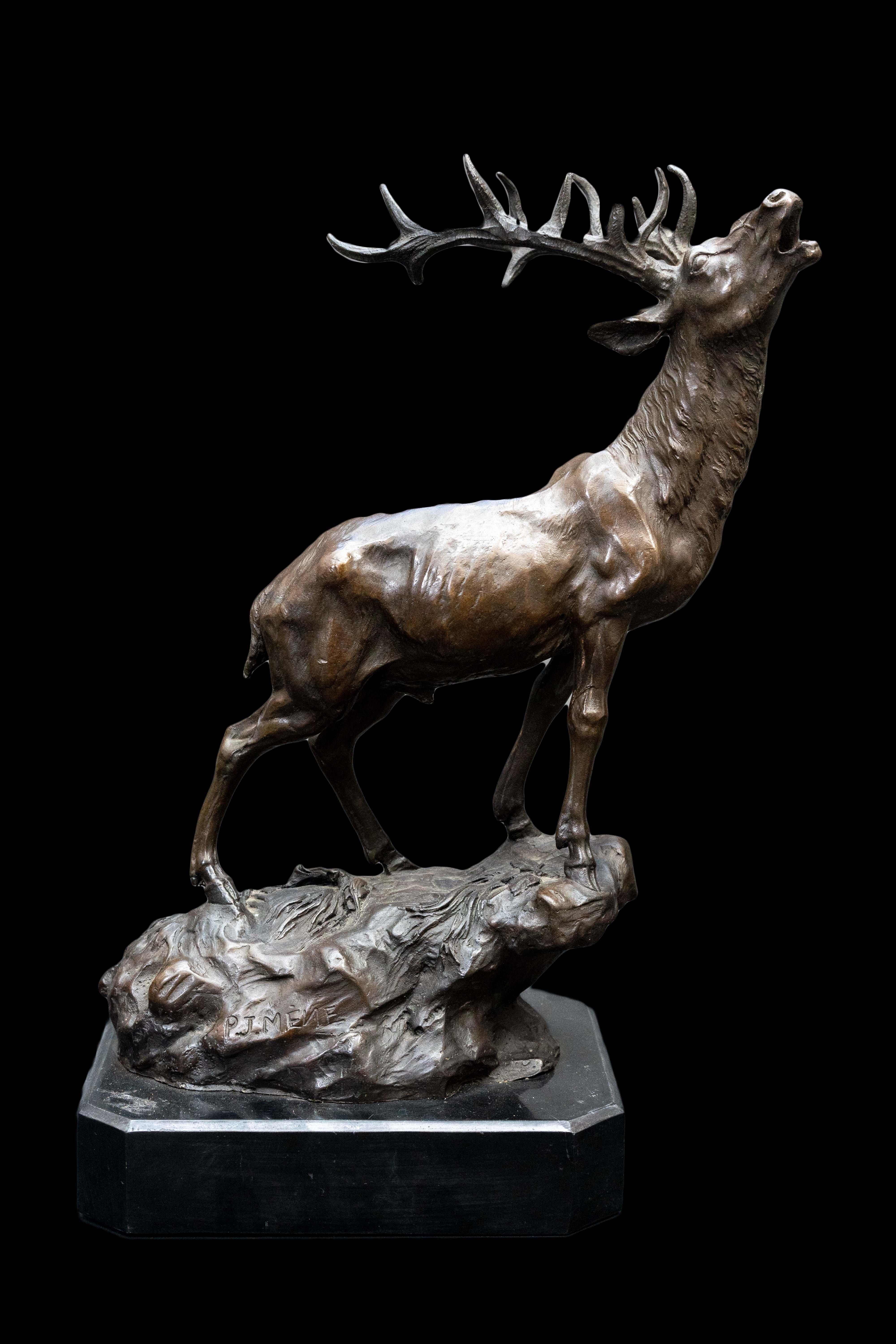 19th Century French Bronze Stag on Marble Base Marked Mene Pierre Jules Mene

Measures Approximately: 10